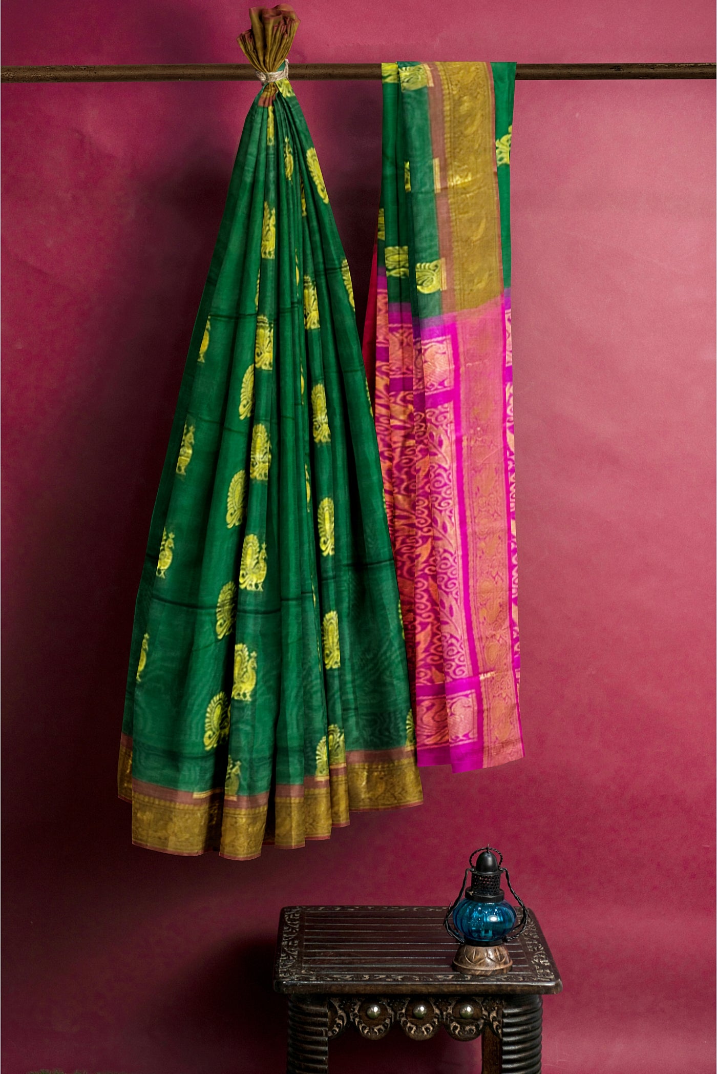 Bottle Green Silk Cotton Saree With Zari Buttas Pattern