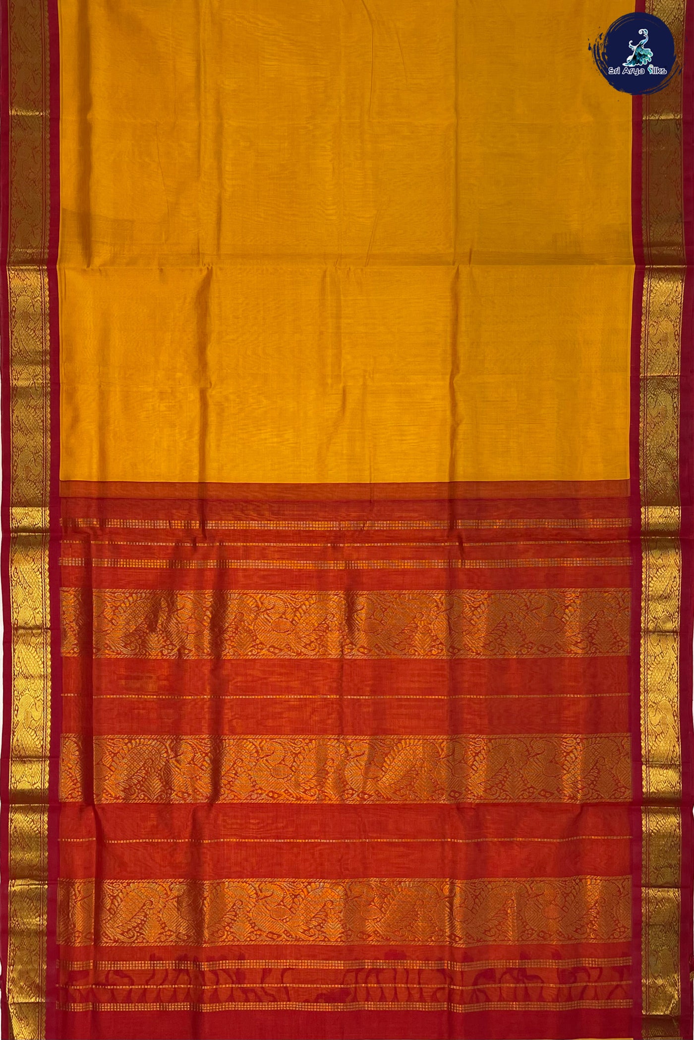 Turmeric Yellow Korvai Silk Cotton Saree With Plain Pattern
