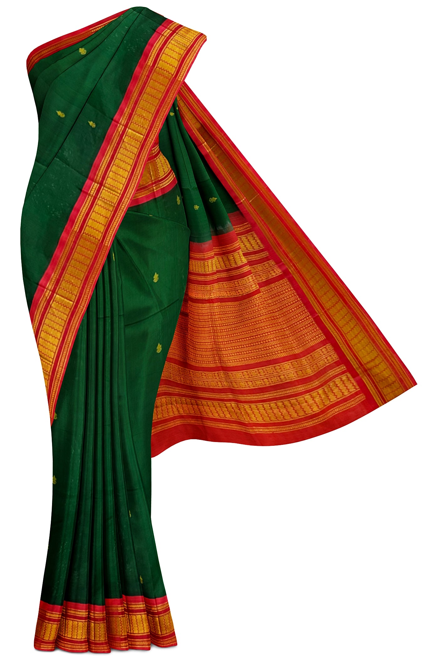 Bottle Green Korvai Silk Cotton Saree With Zari Buttas Pattern