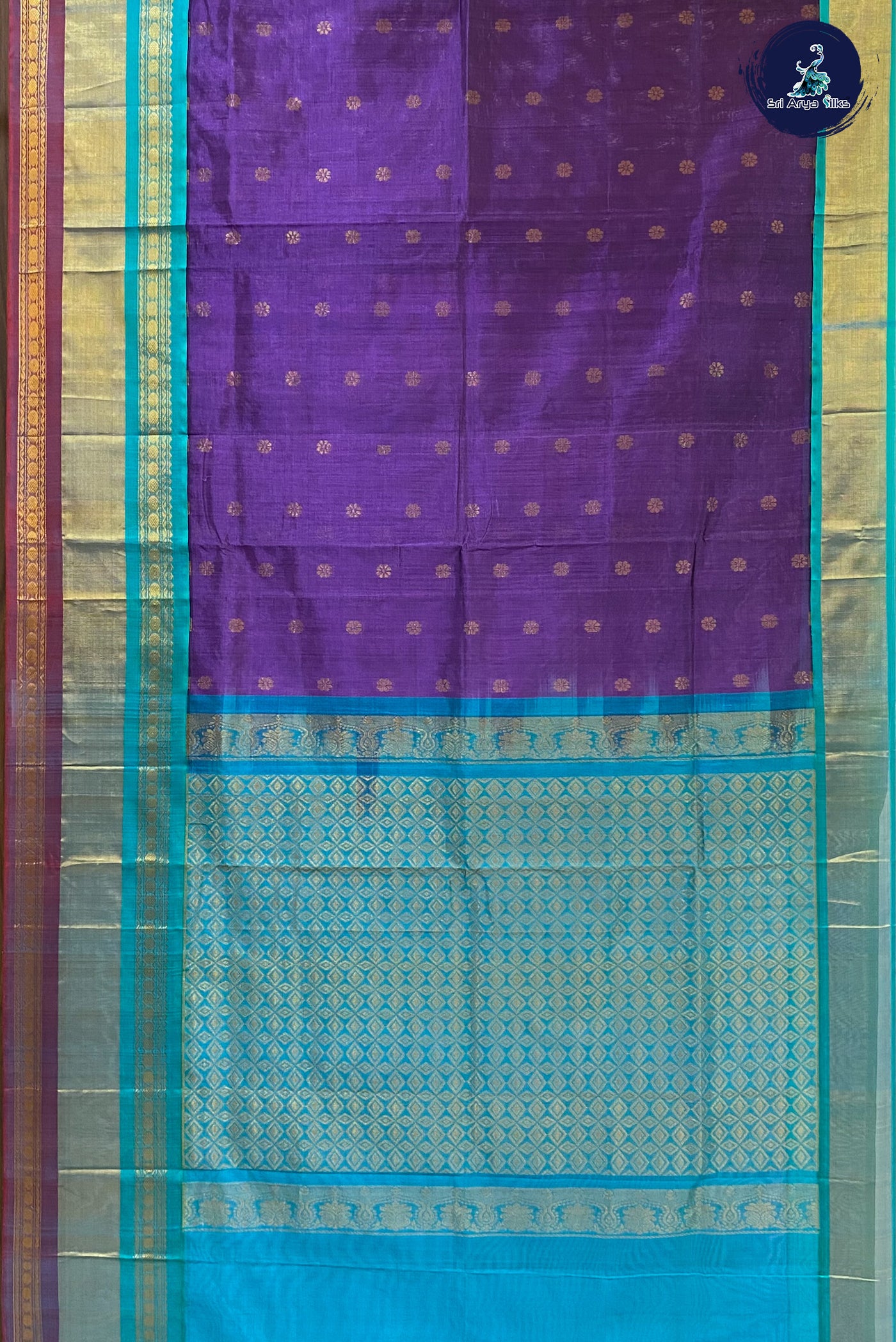 Purple Korvai Silk Cotton Saree With Zari Buttas Pattern
