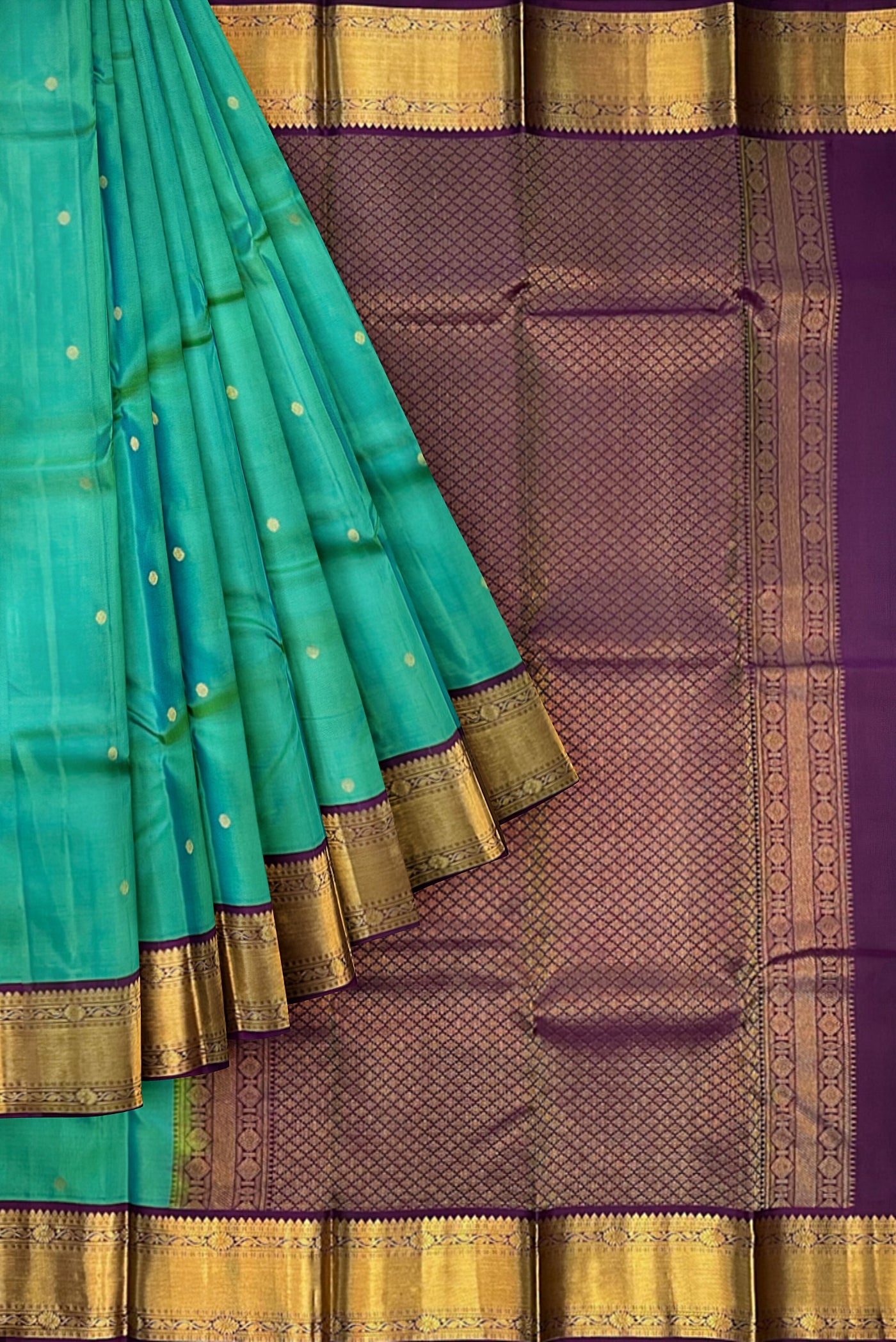 Turquoise Korvai Contrast Silk Saree With Buttas Pattern