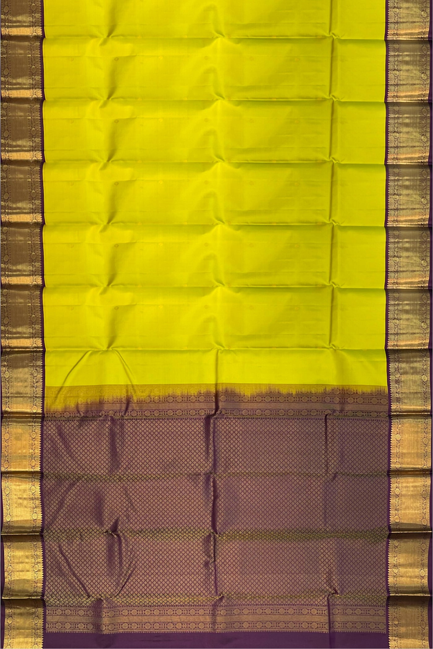 Lime Green Korvai Contrast Silk Saree With Buttas Pattern