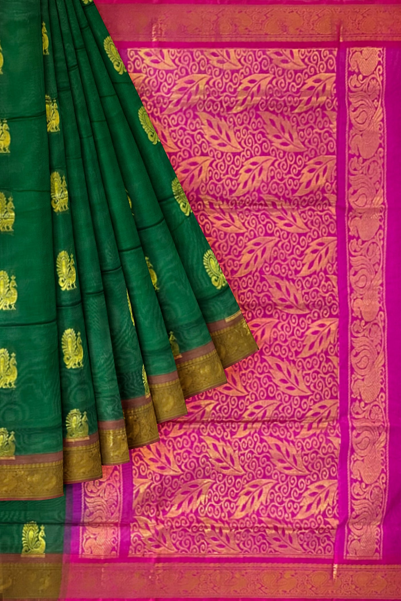 Bottle Green Silk Cotton Saree With Zari Buttas Pattern