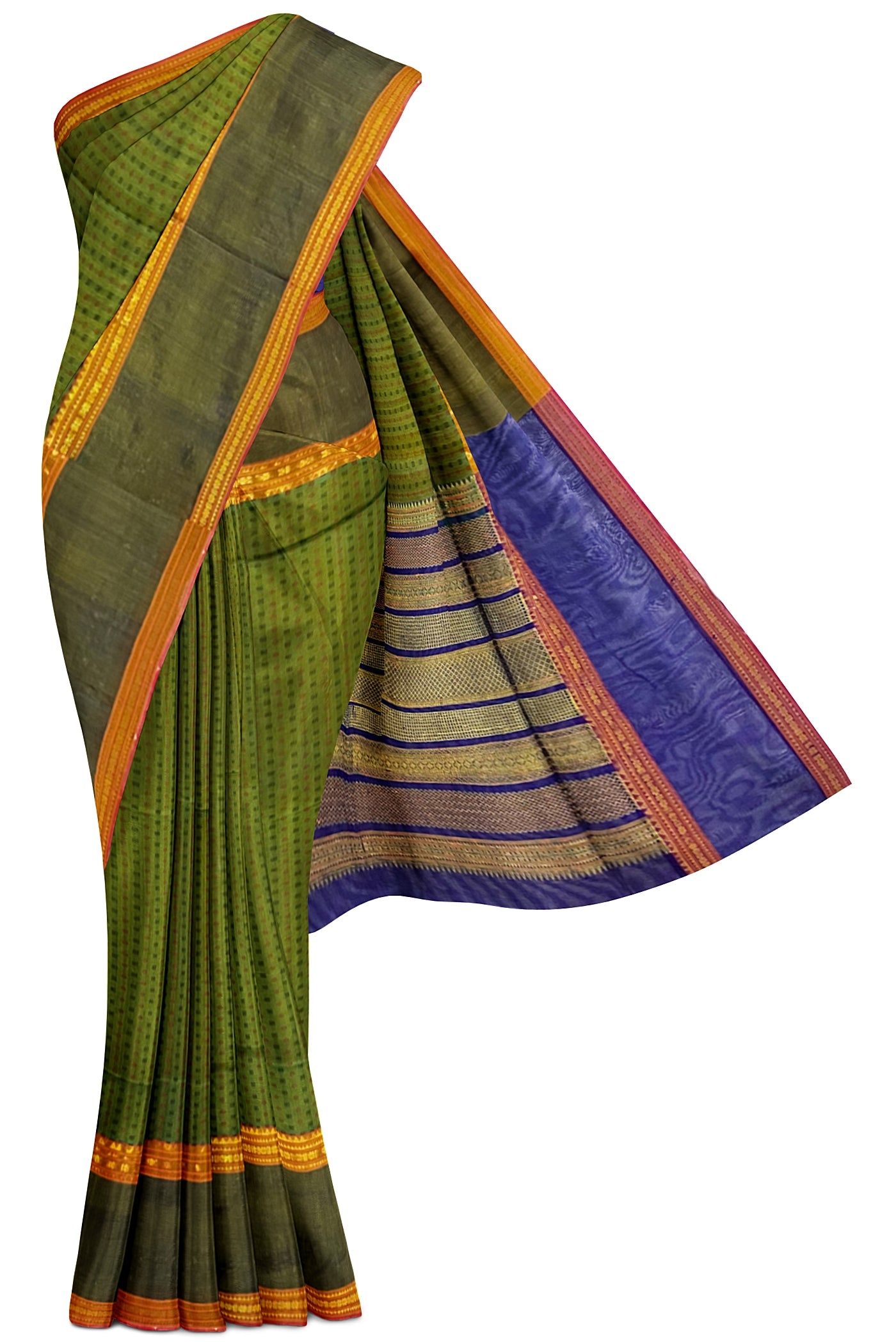 Olive Green Silk Cotton Saree With Meenakari Work Pattern