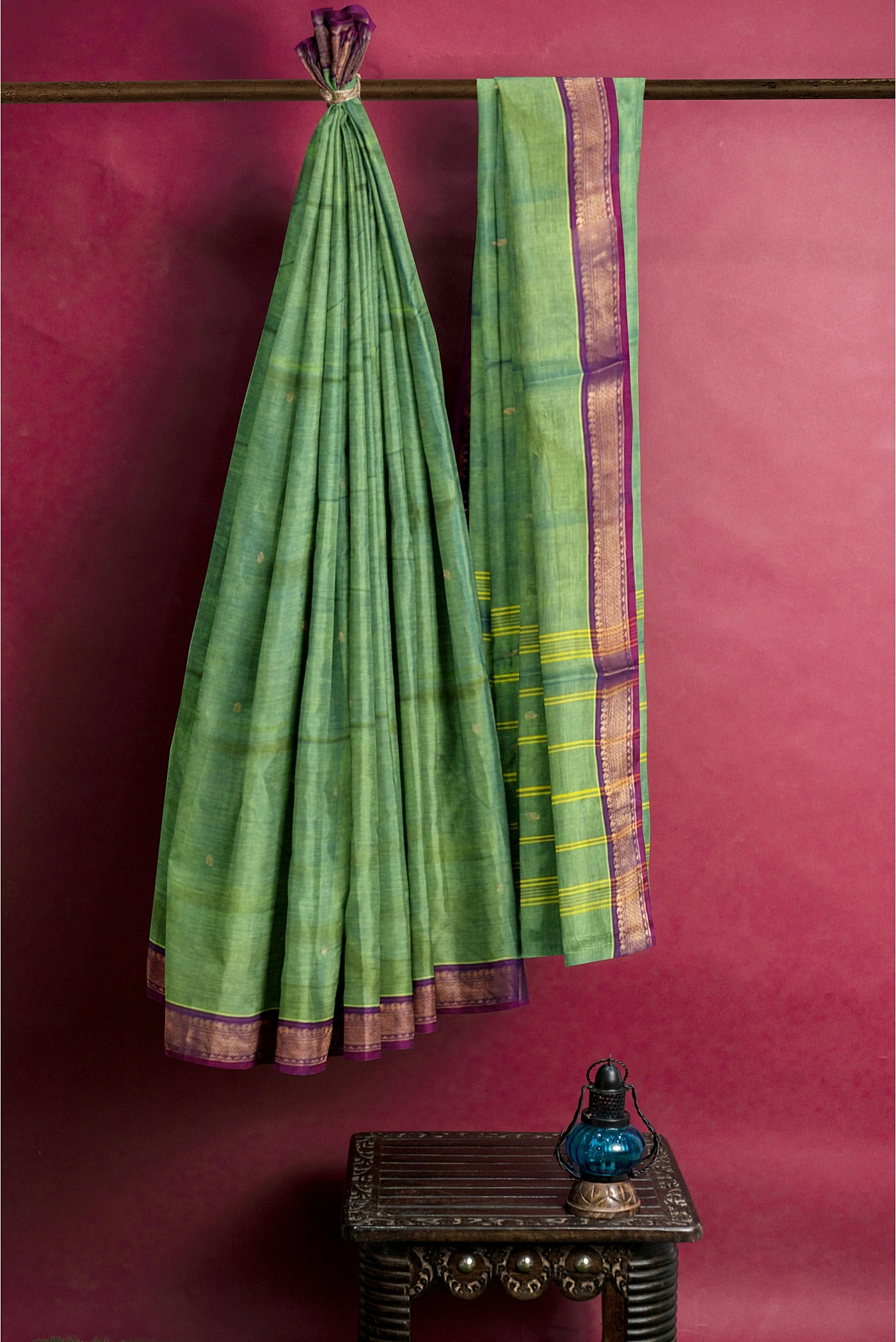 Pastel Green Cotton Saree With Zari Buttas Pattern