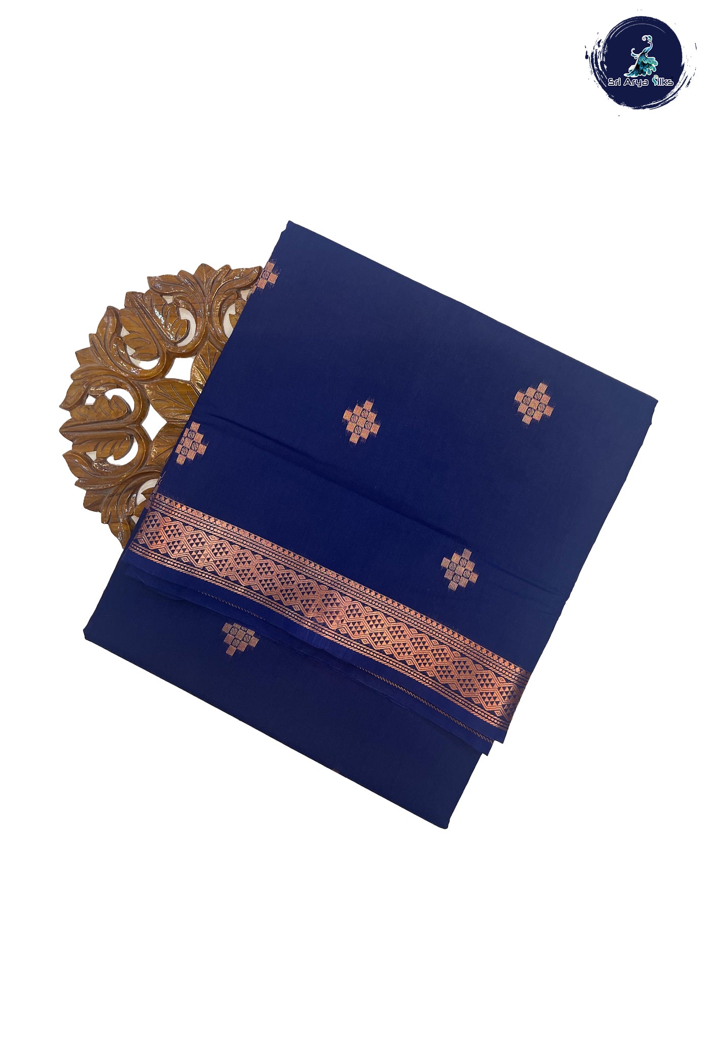 Navy Blue Madisar Semi Silk Cotton Saree With Copper Zari Buttas Pattern