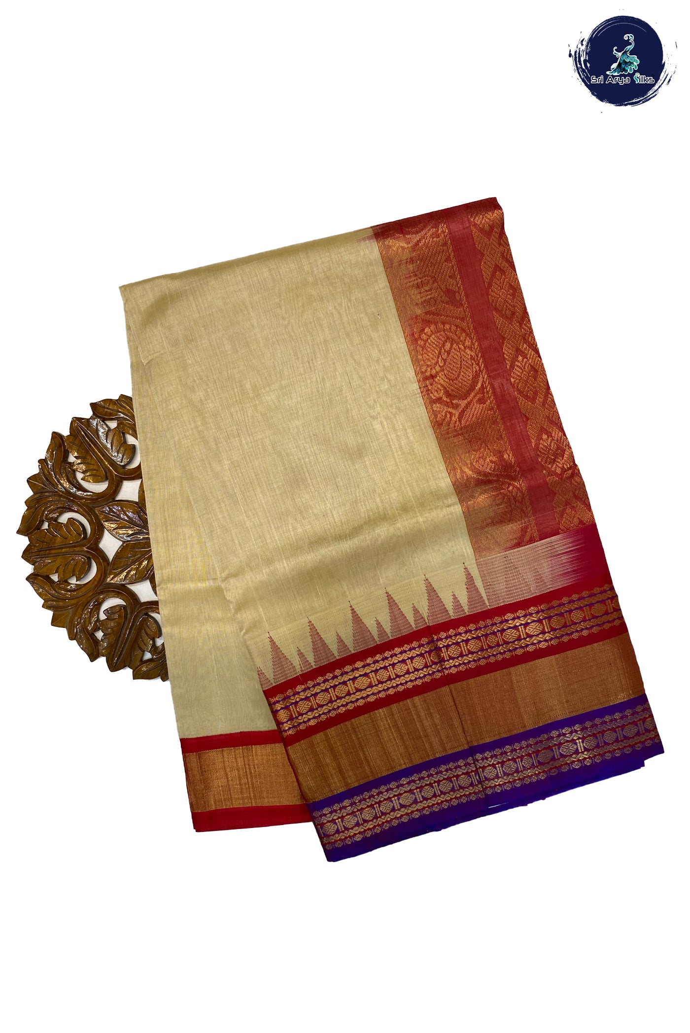 Beige Korvai Silk Cotton Saree With Plain Pattern