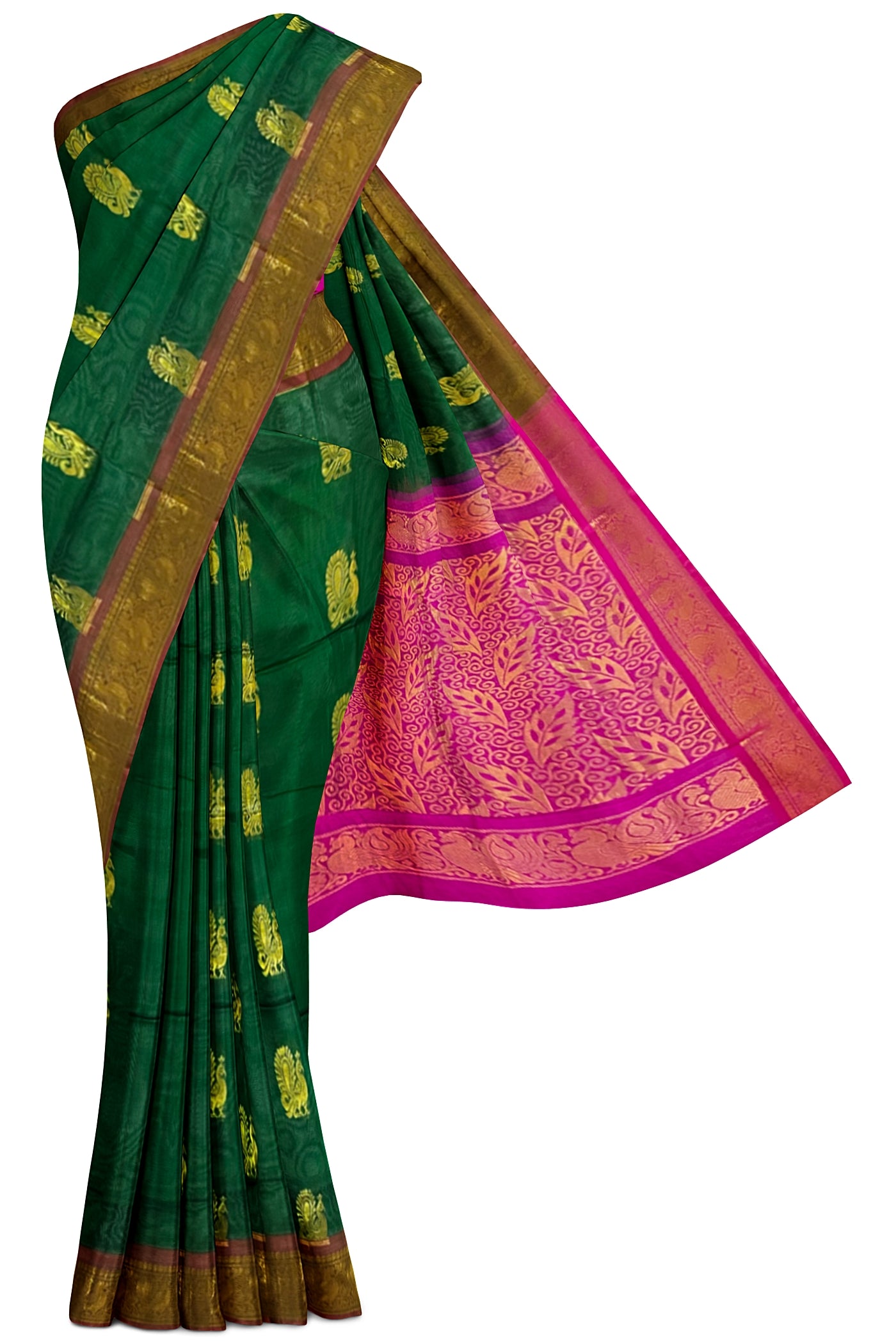 Bottle Green Silk Cotton Saree With Zari Buttas Pattern