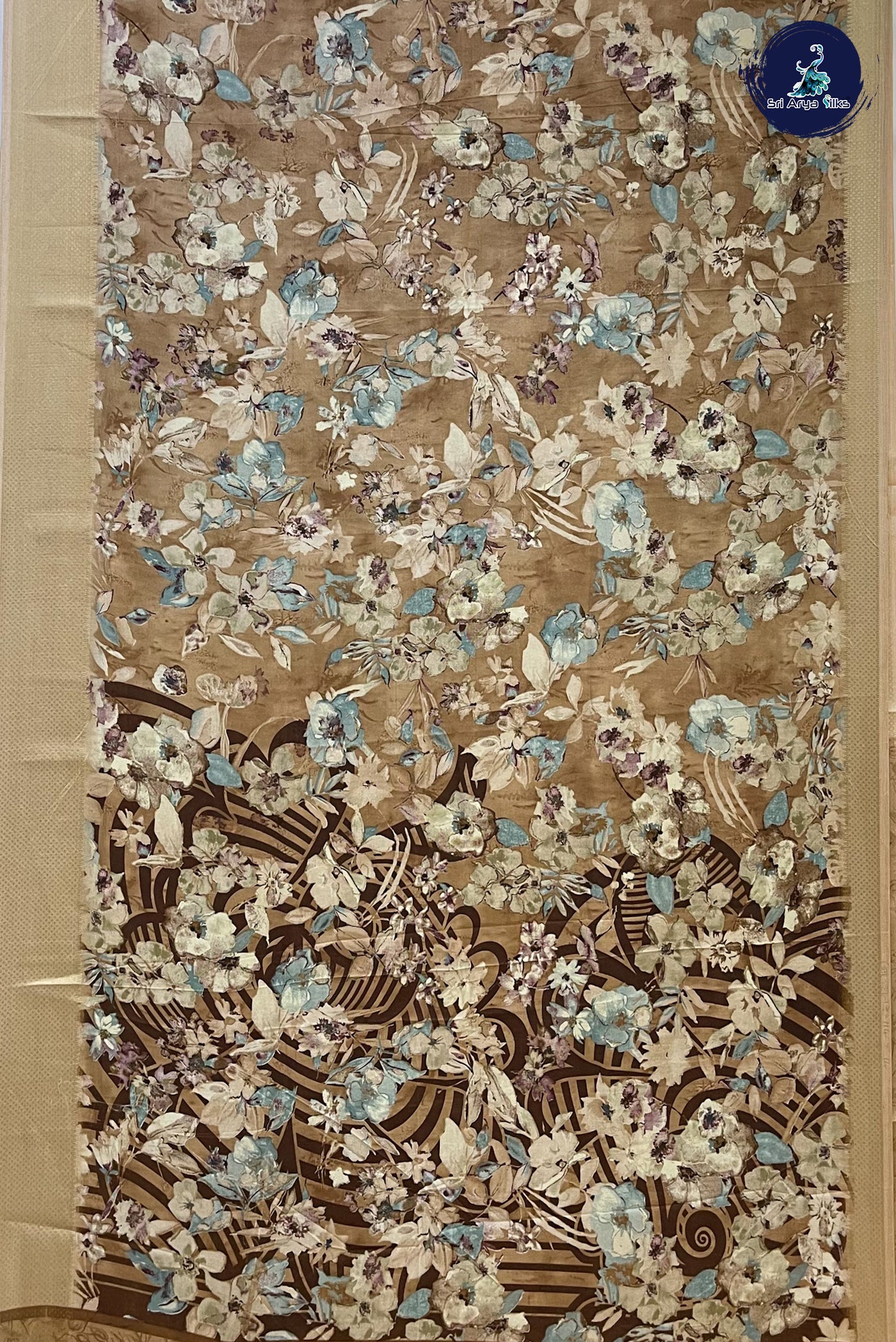 Chocolate Shade Semi Dola Silk Saree With Floral Print Pattern
