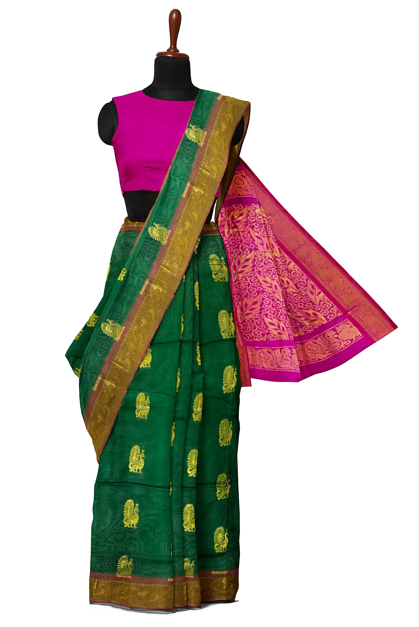 Bottle Green Silk Cotton Saree With Zari Buttas Pattern