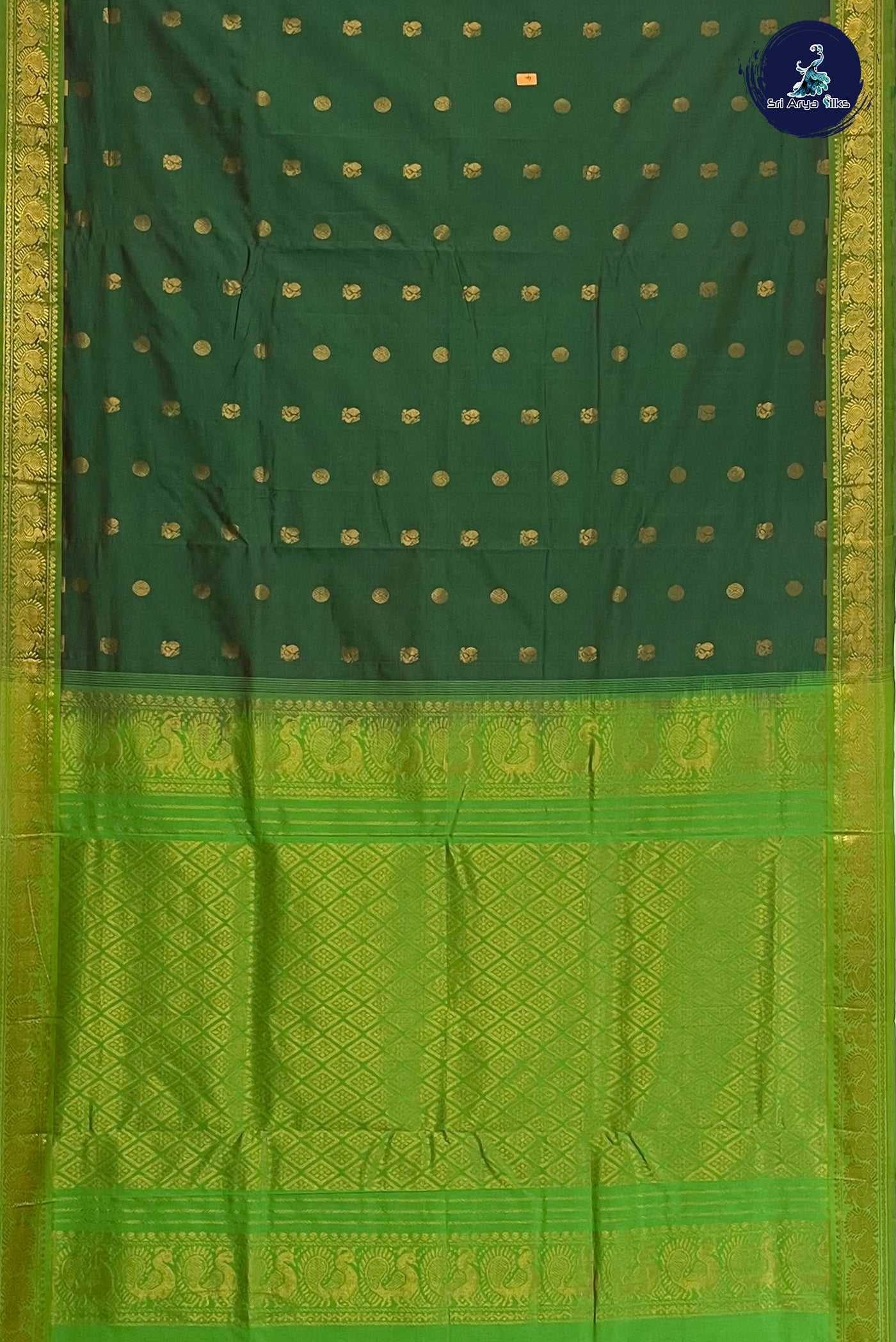 Bottle Green Madisar Semi Silk Cotton Saree With Zari Buttas Pattern