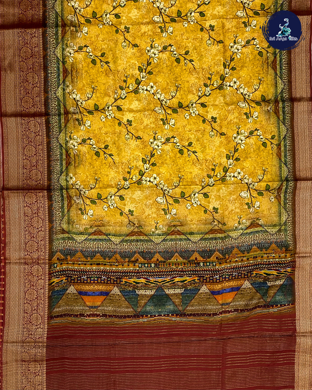 Yellow and Maroon Semi Dola saree