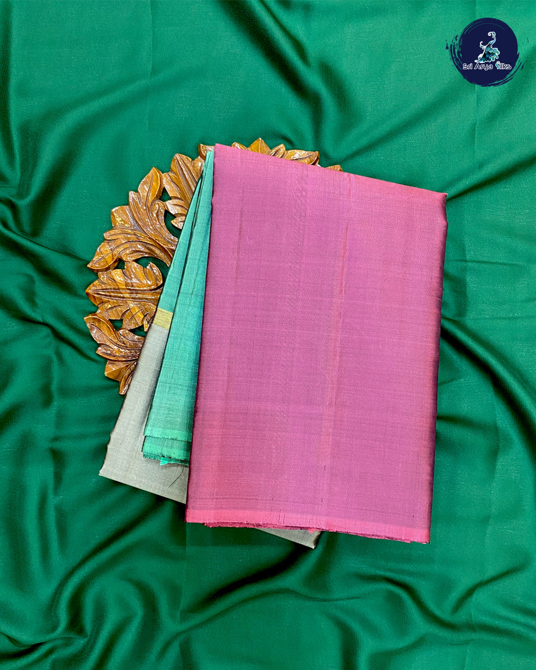Grey , Onion pink and Green Mubbagam Kanchipuram Silk saree