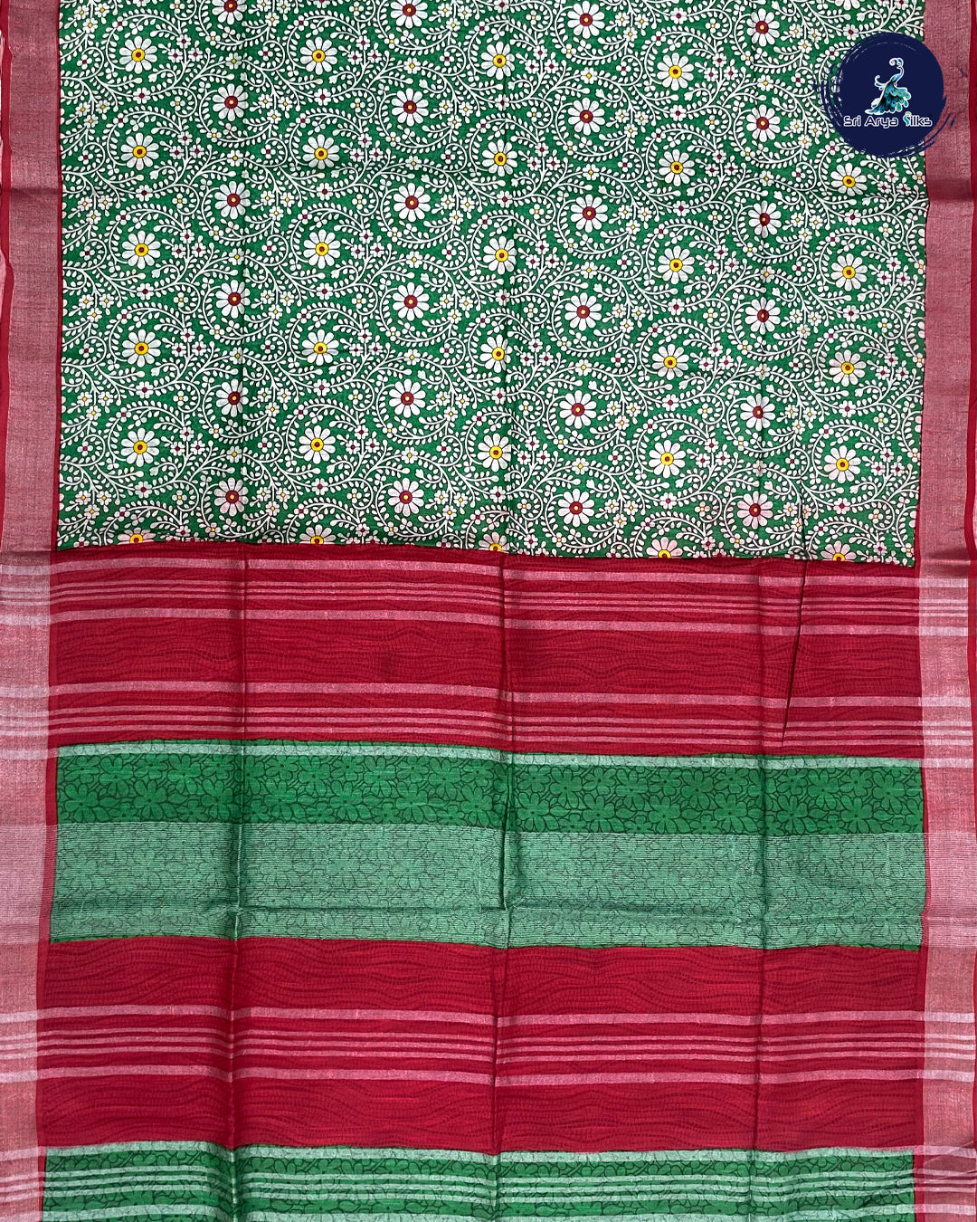 Green and Red Linen Cotton Saree