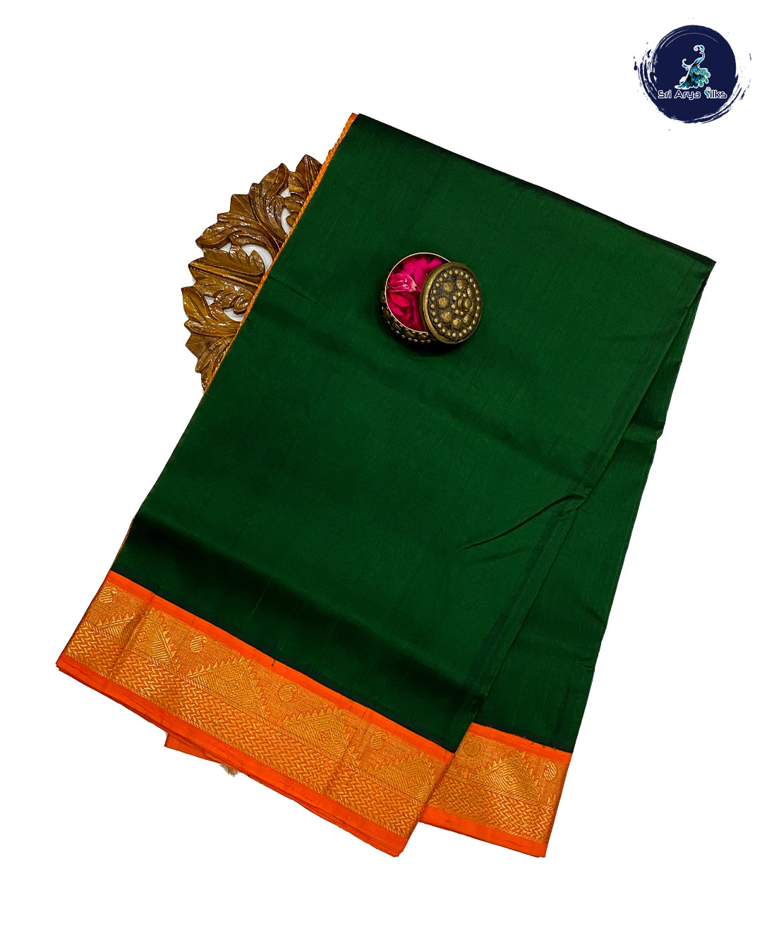Bottle Green and Orange Handloom Silk Cotton Saree