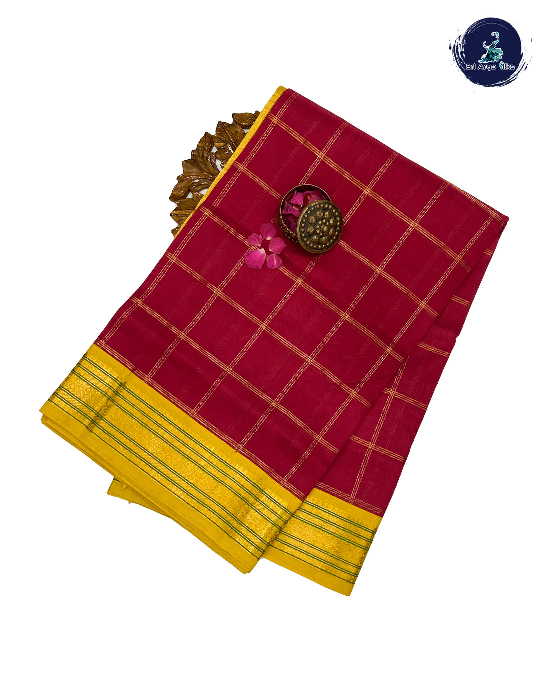 Red Korvai Silk Cotton Saree With Yellow Blouse & Checked Pattern