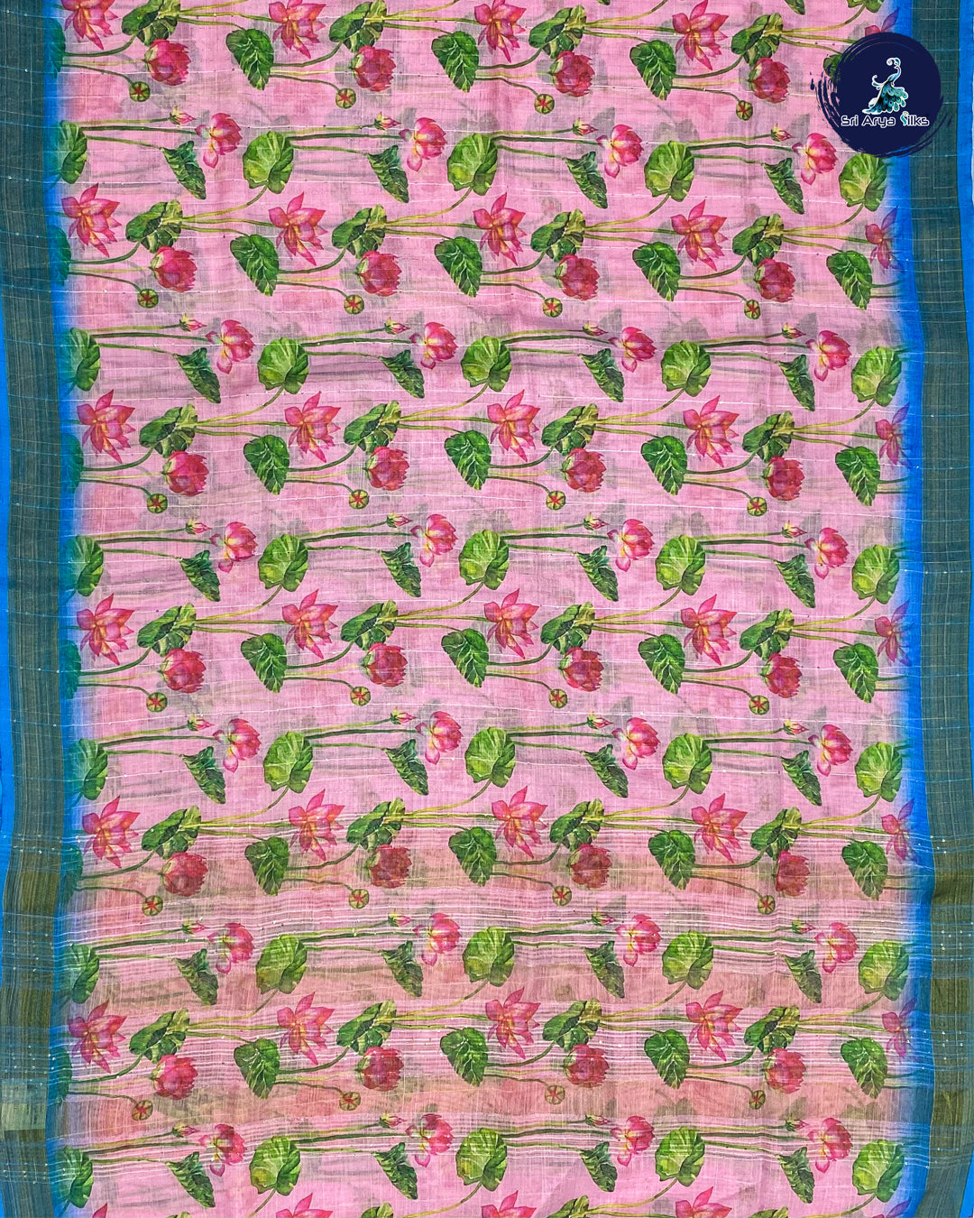 Baby Pink and Copper Sulphate Blue Linen Cotton Saree