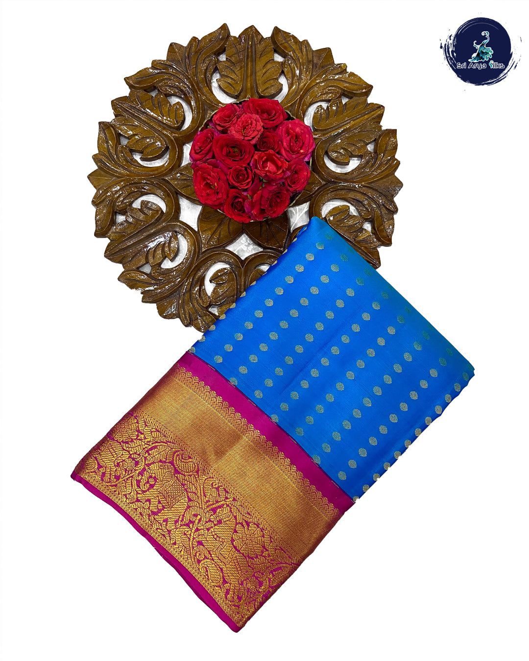 Blue Korvai Contrast Silk Saree With Pink Blouse & Buttas Pattern