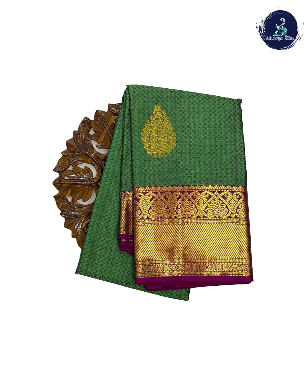 Green Traditional Silk Saree With Purple Blouse & Buttas Pattern