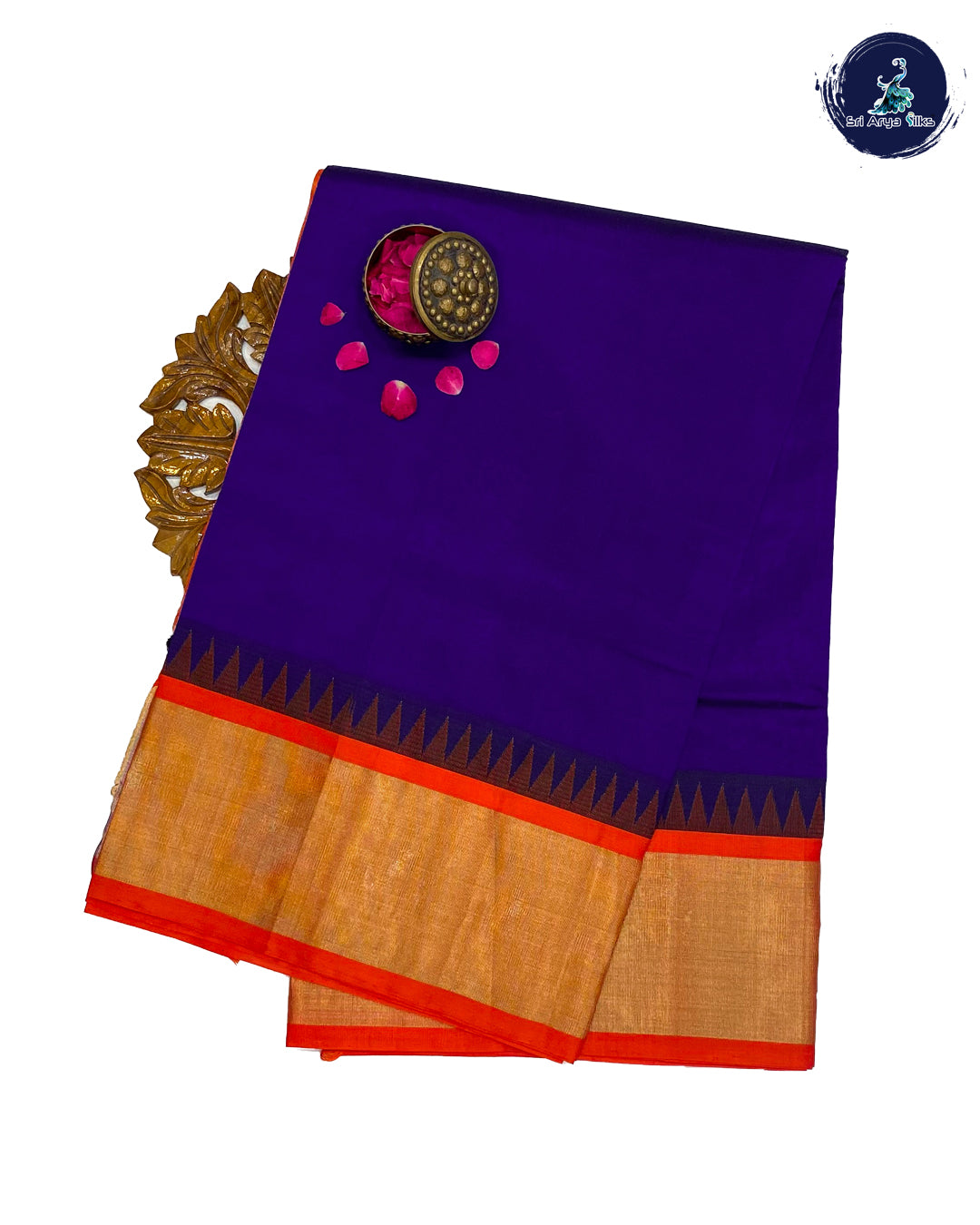 Navy Blue & Orange Kanchipuram Korvai Silk Cotton Saree