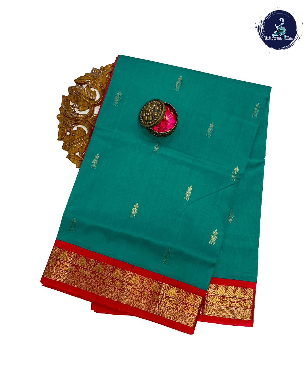 Teal and Red Handloom Korvai Silk Cotton saree