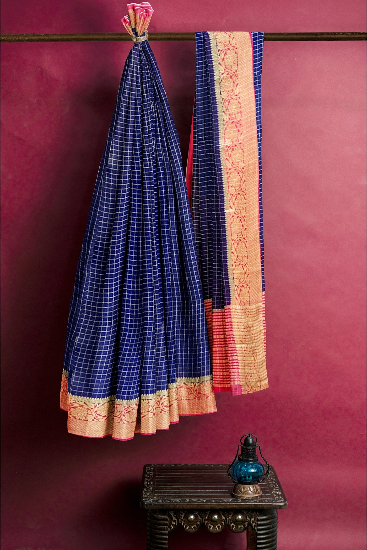 Dark Blue Georgette Banarasi Saree With Zari Checked Pattern
