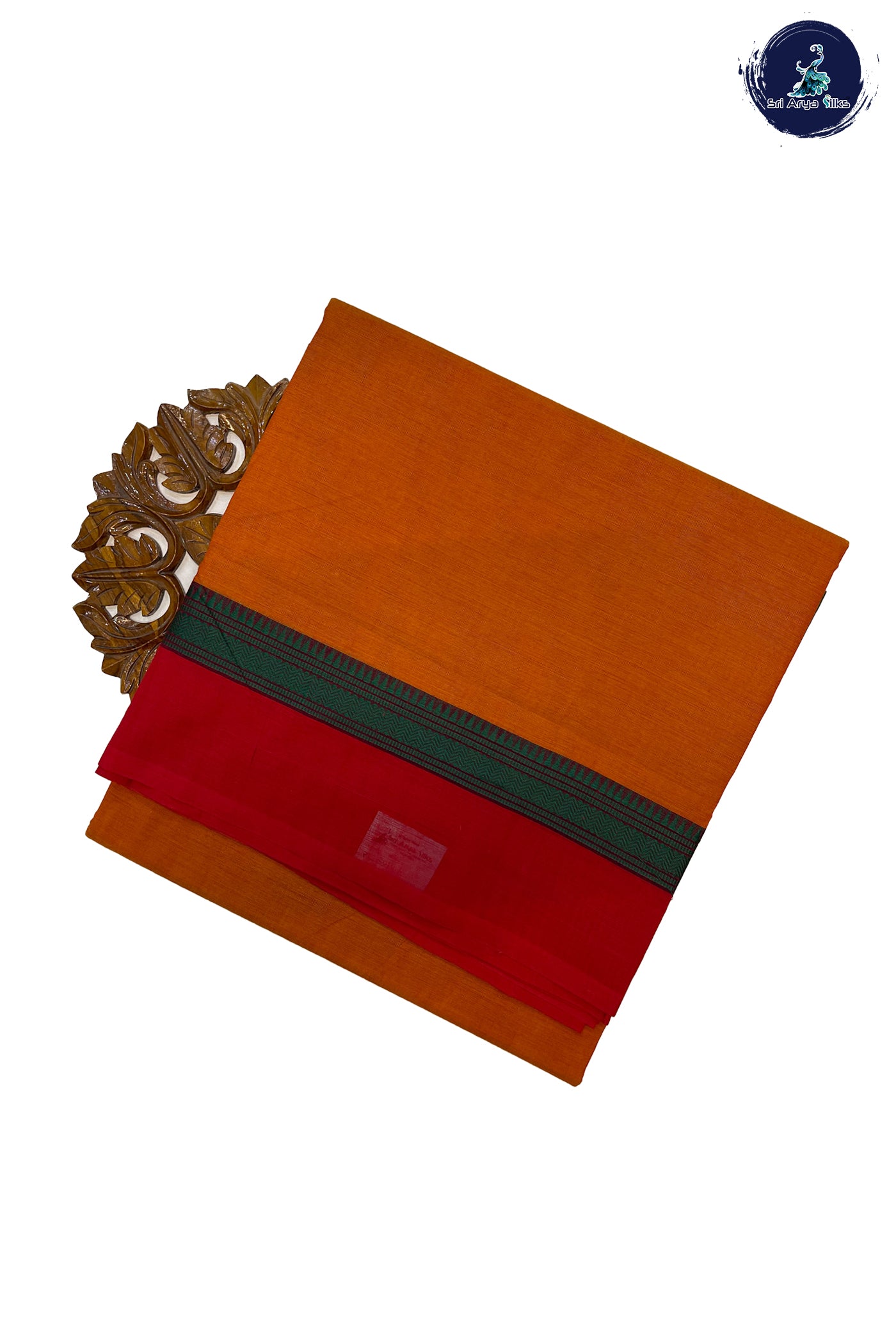 Reddish Orange Madisar Cotton Saree With Plain Pattern