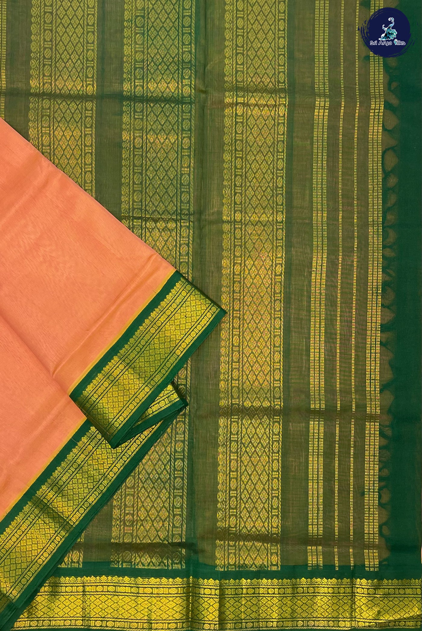 Peach Korvai Silk Cotton Saree With Plain Pattern