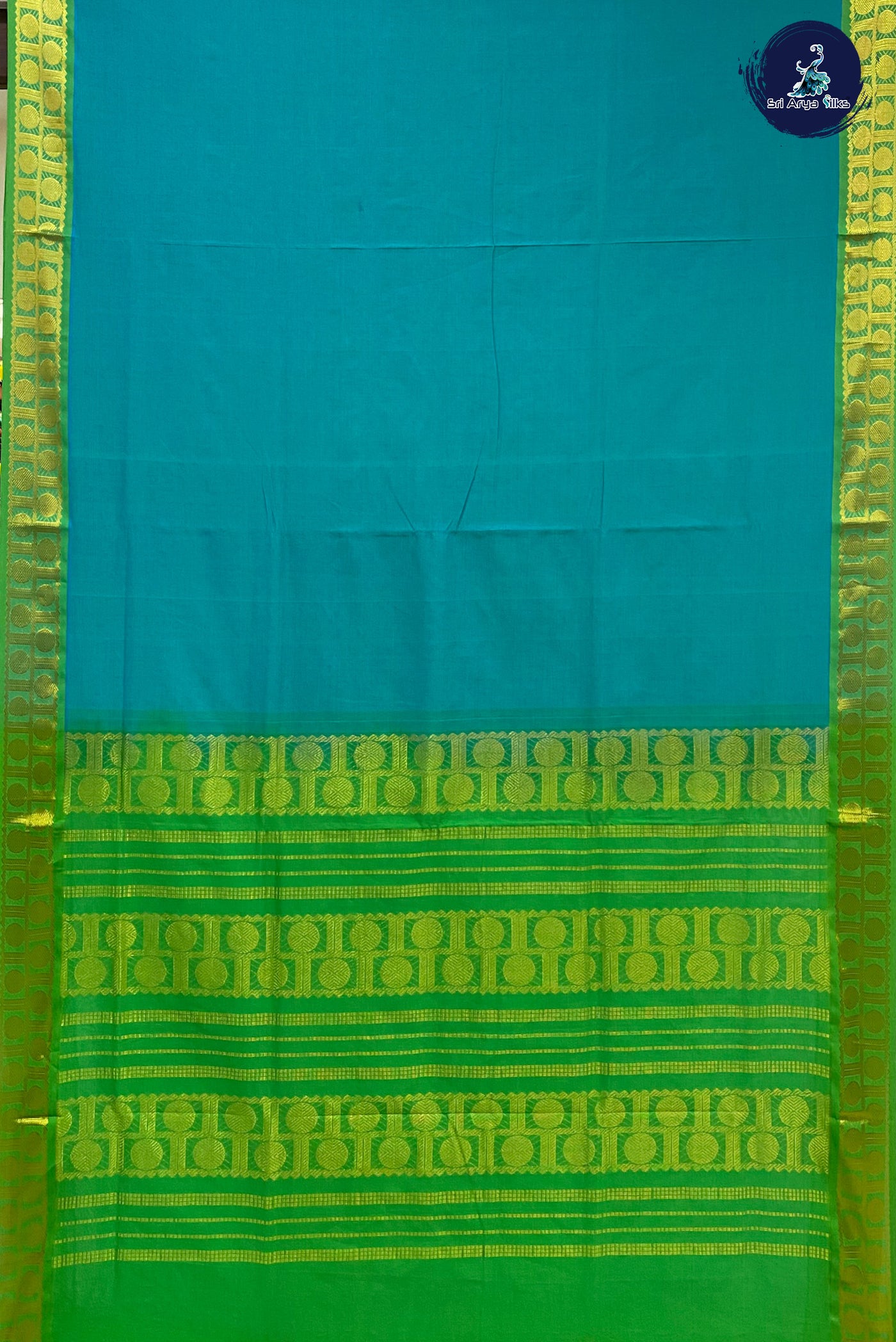 Sea Blue Semi Silk Cotton Saree With Plain Pattern