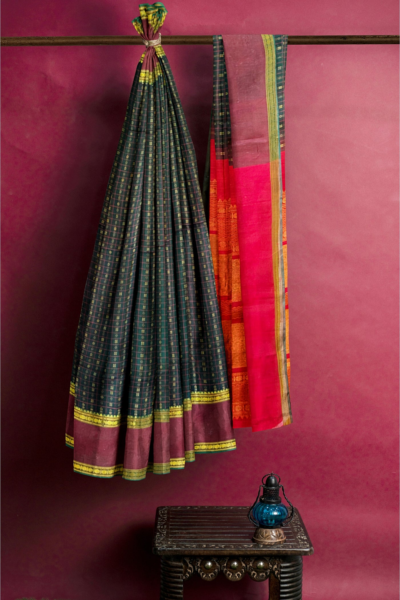 Bottle Green Silk Cotton Saree With Meenakari Work Pattern