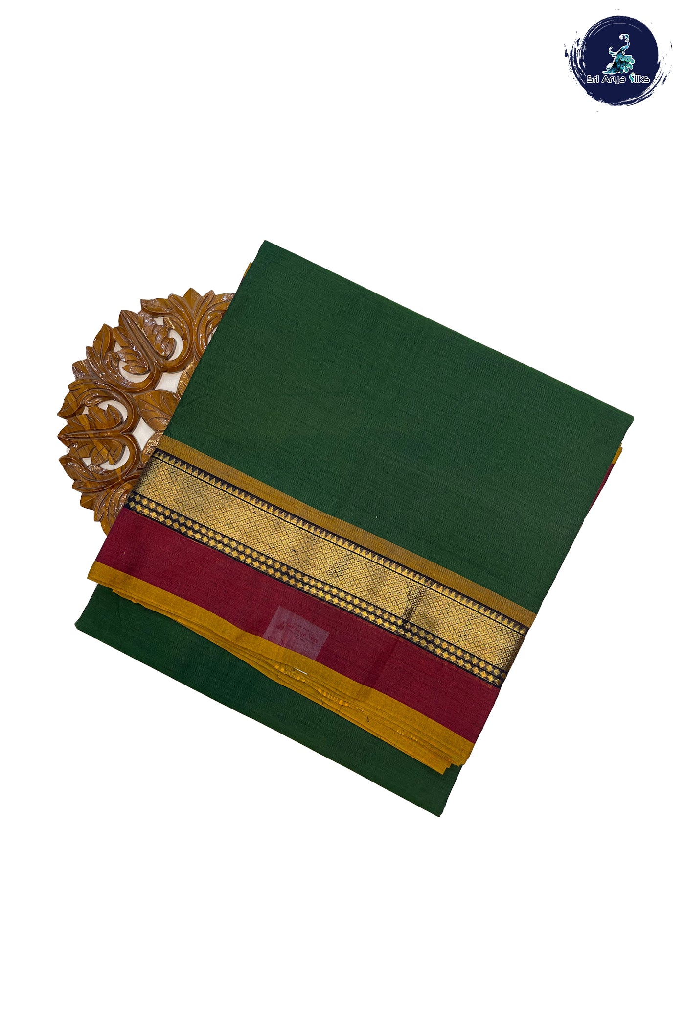 Dark Green Madisar Cotton Saree With Plain Pattern