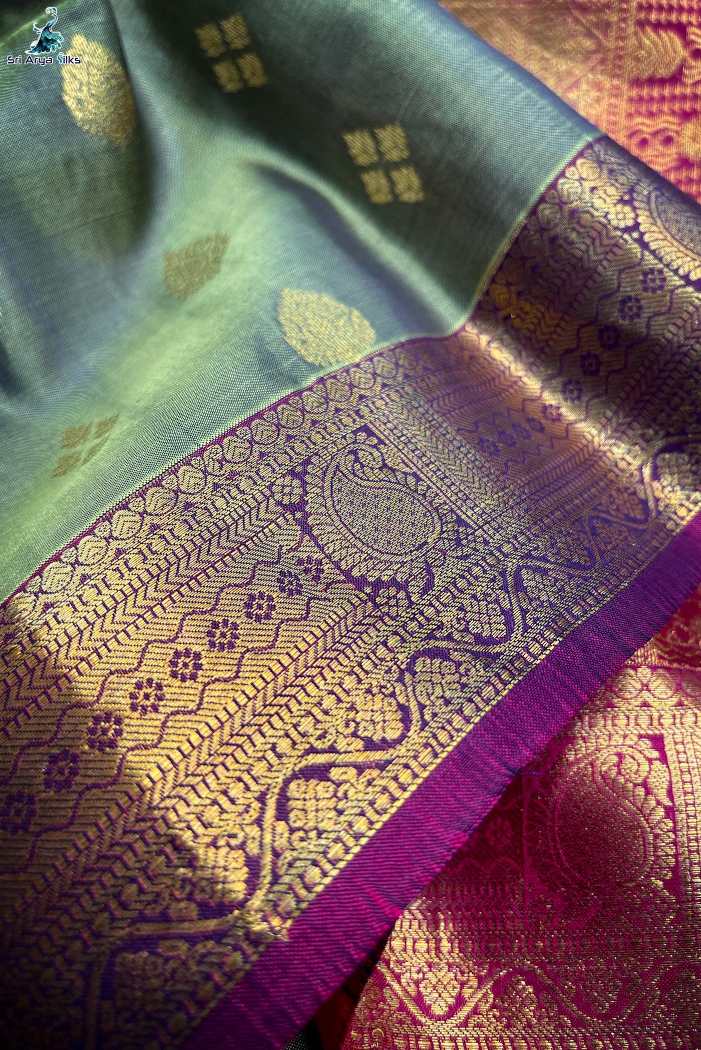 Light Military Green Traditional Silk Saree With Magenta Pink Blouse & Body Butta Pattern