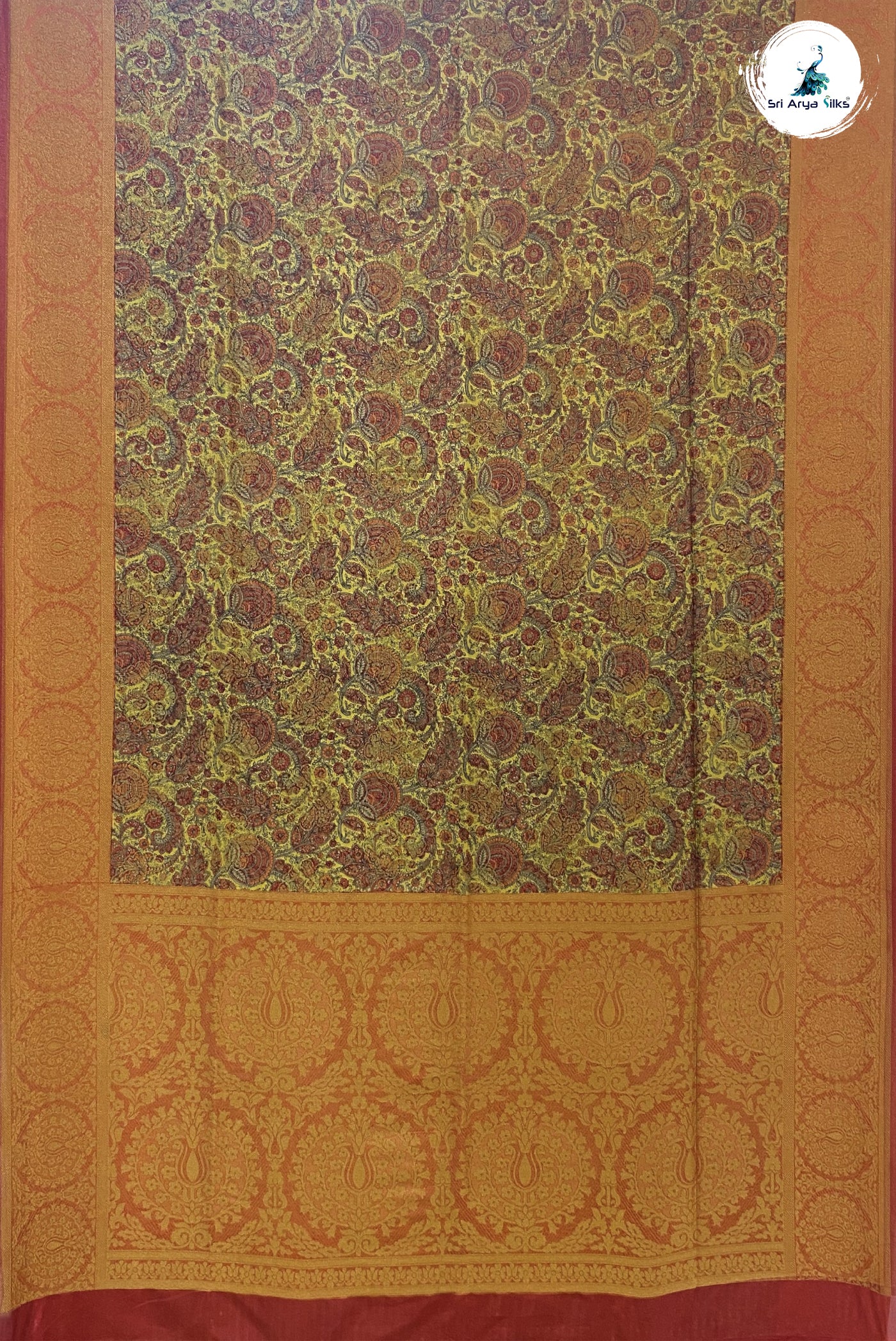 Golden Mustard Semi Banarasi Saree With Floral Print Pattern