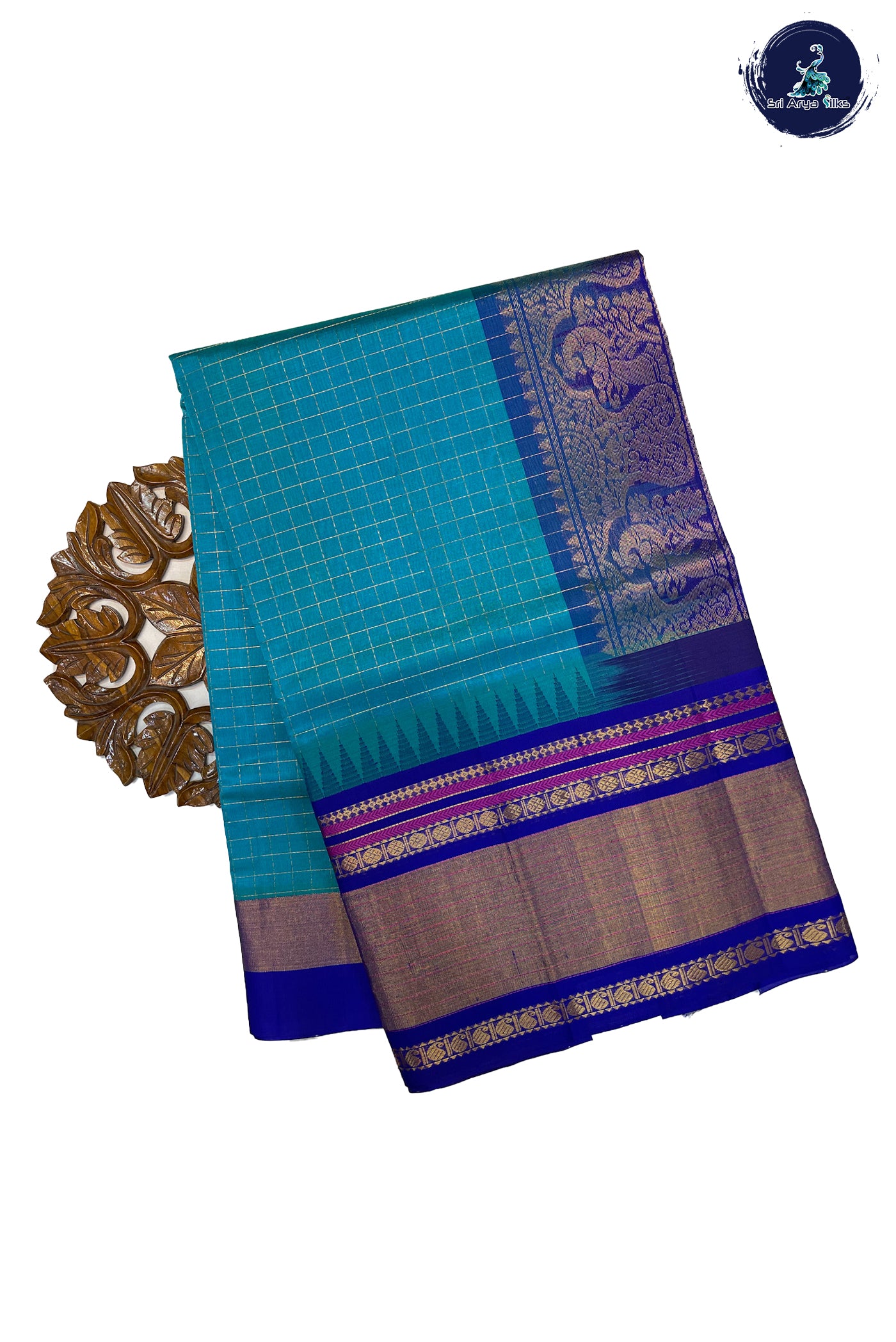 Sky Blue Kuppadam Silk Cotton Saree With Zari Checked Pattern
