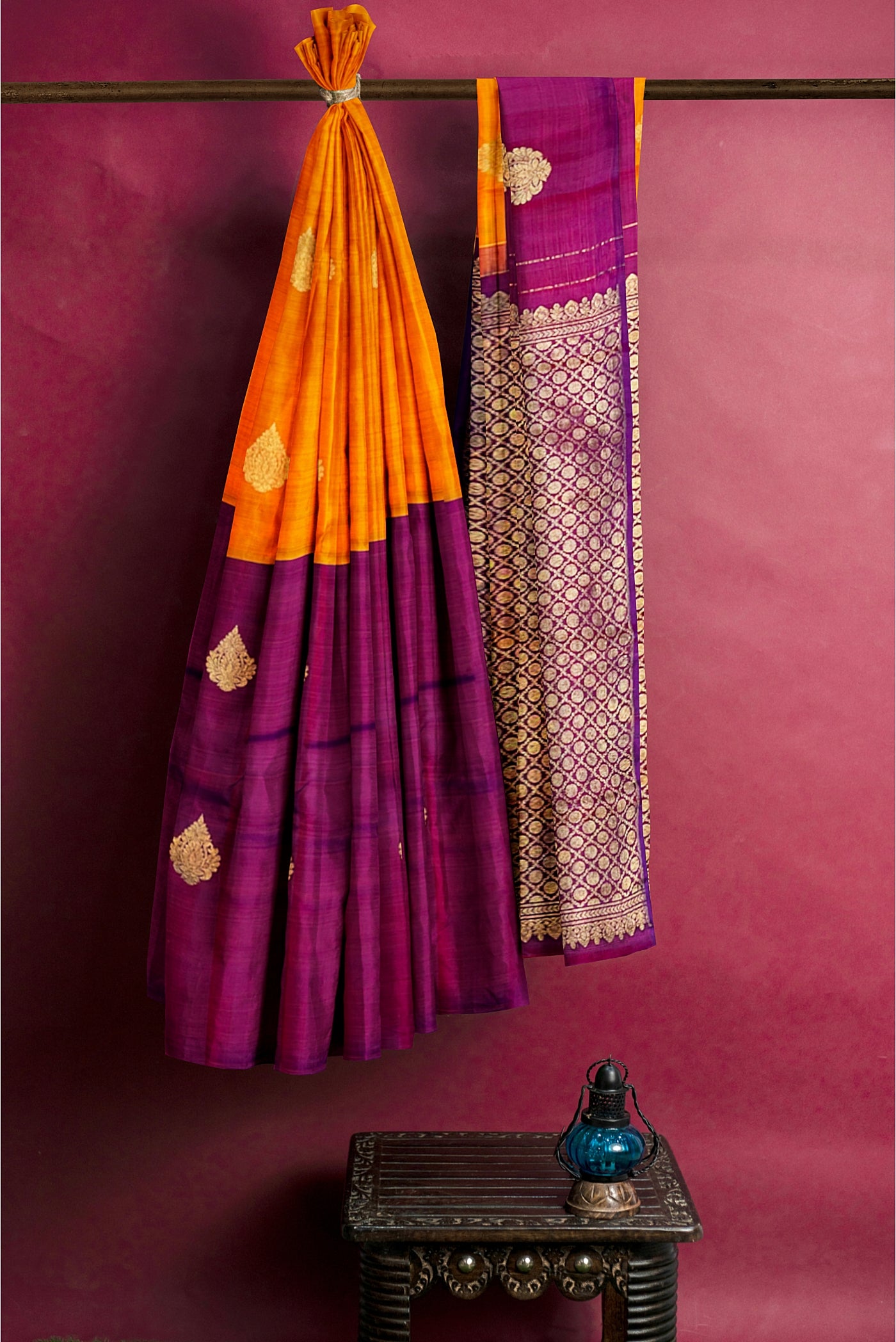 Mango Yellow and Purple Half and Half Pure Kanchipuram Silk Saree
