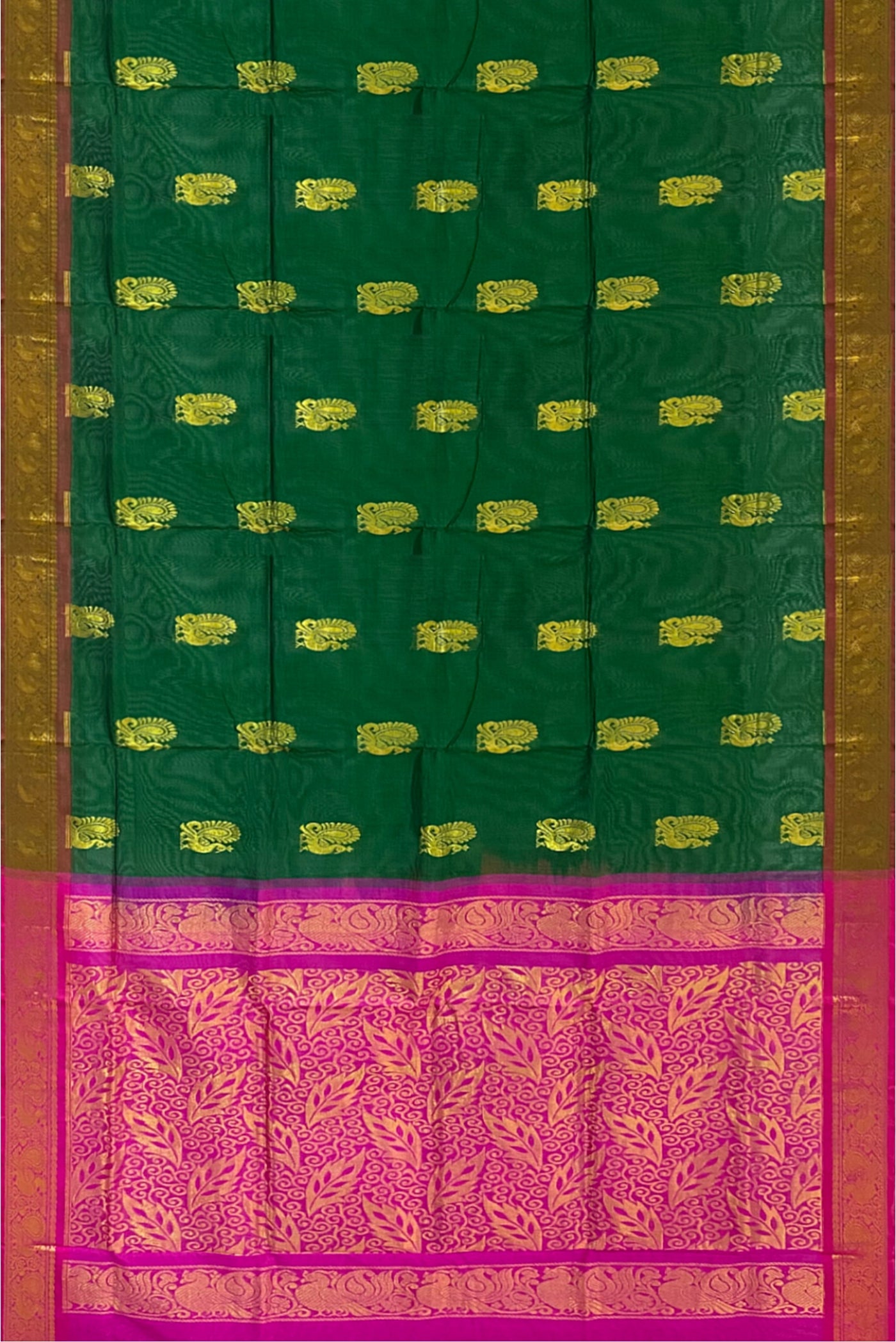 Bottle Green Silk Cotton Saree With Zari Buttas Pattern