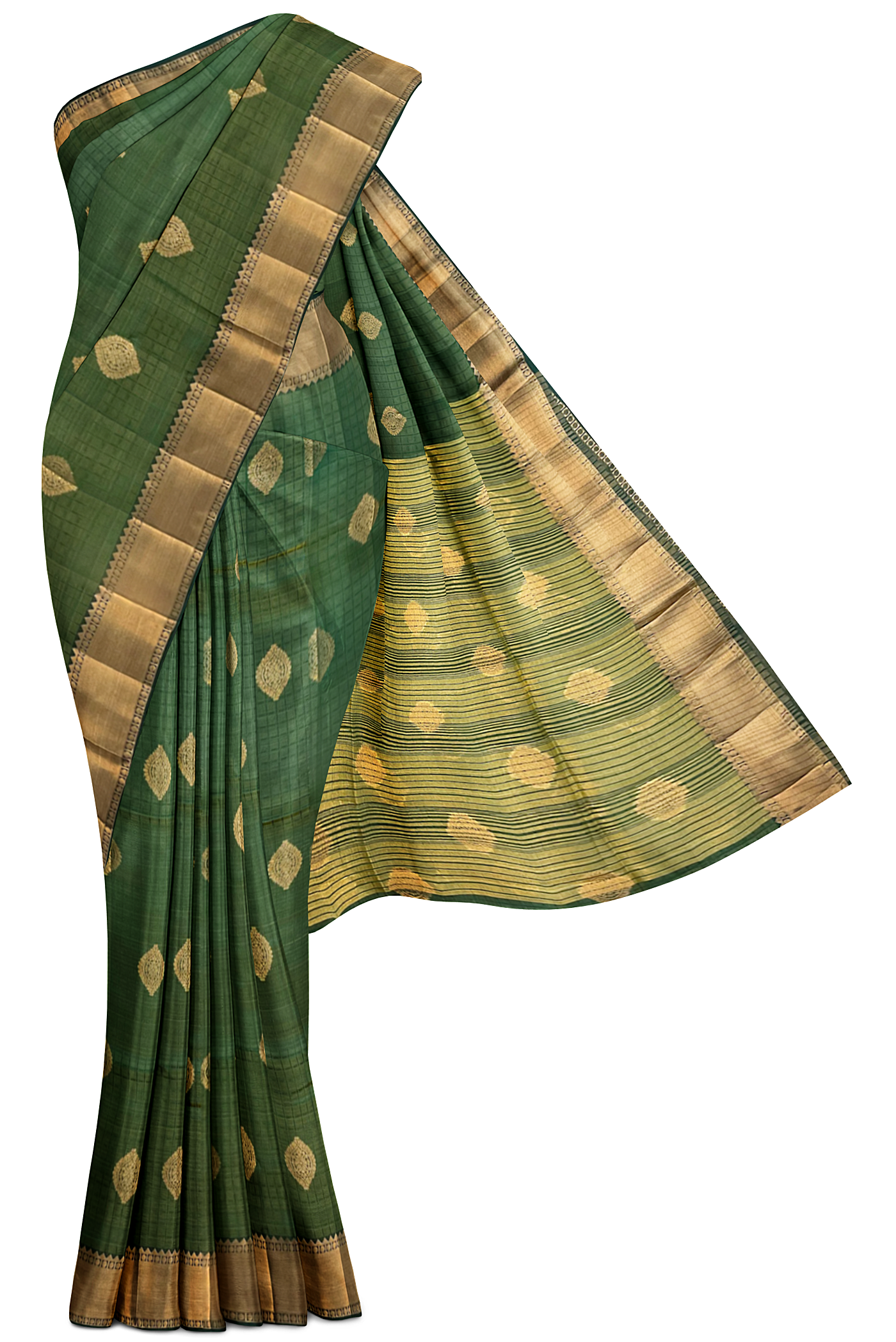Dark Green Tussar Saree With Embossed Pattern
