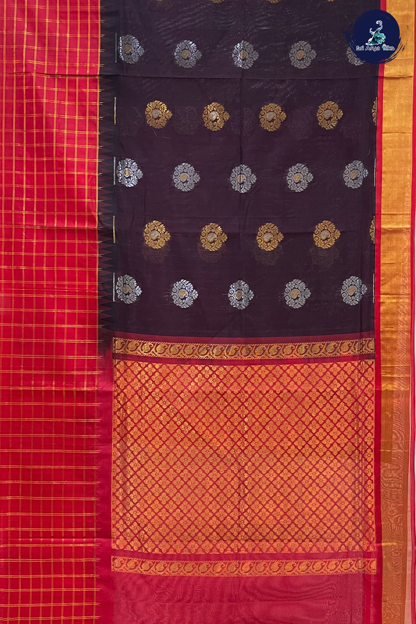 Brown Korvai Silk Cotton Saree With Zari Buttas Pattern