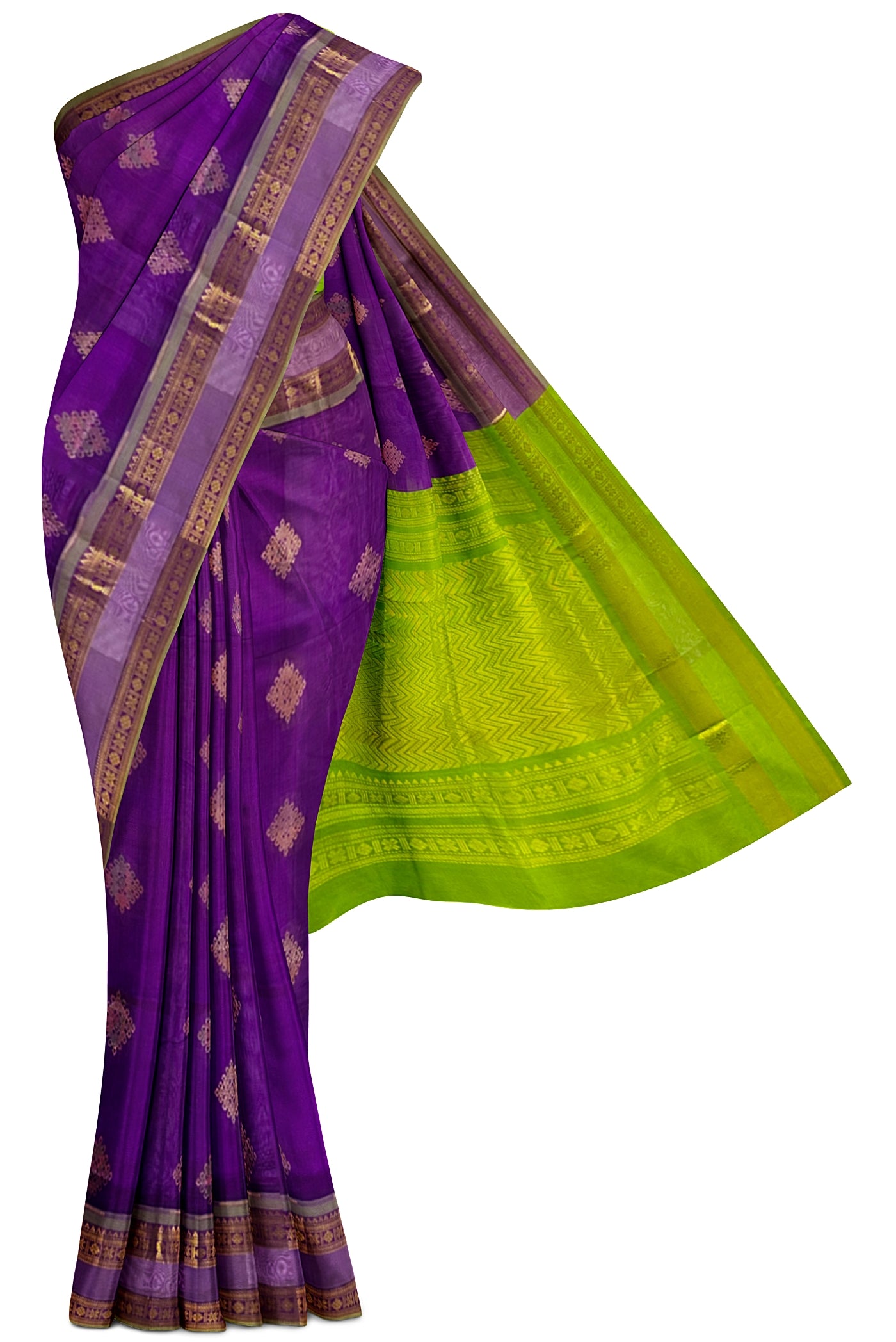 Purple Silk Cotton Saree With Kolam Butta Pattern