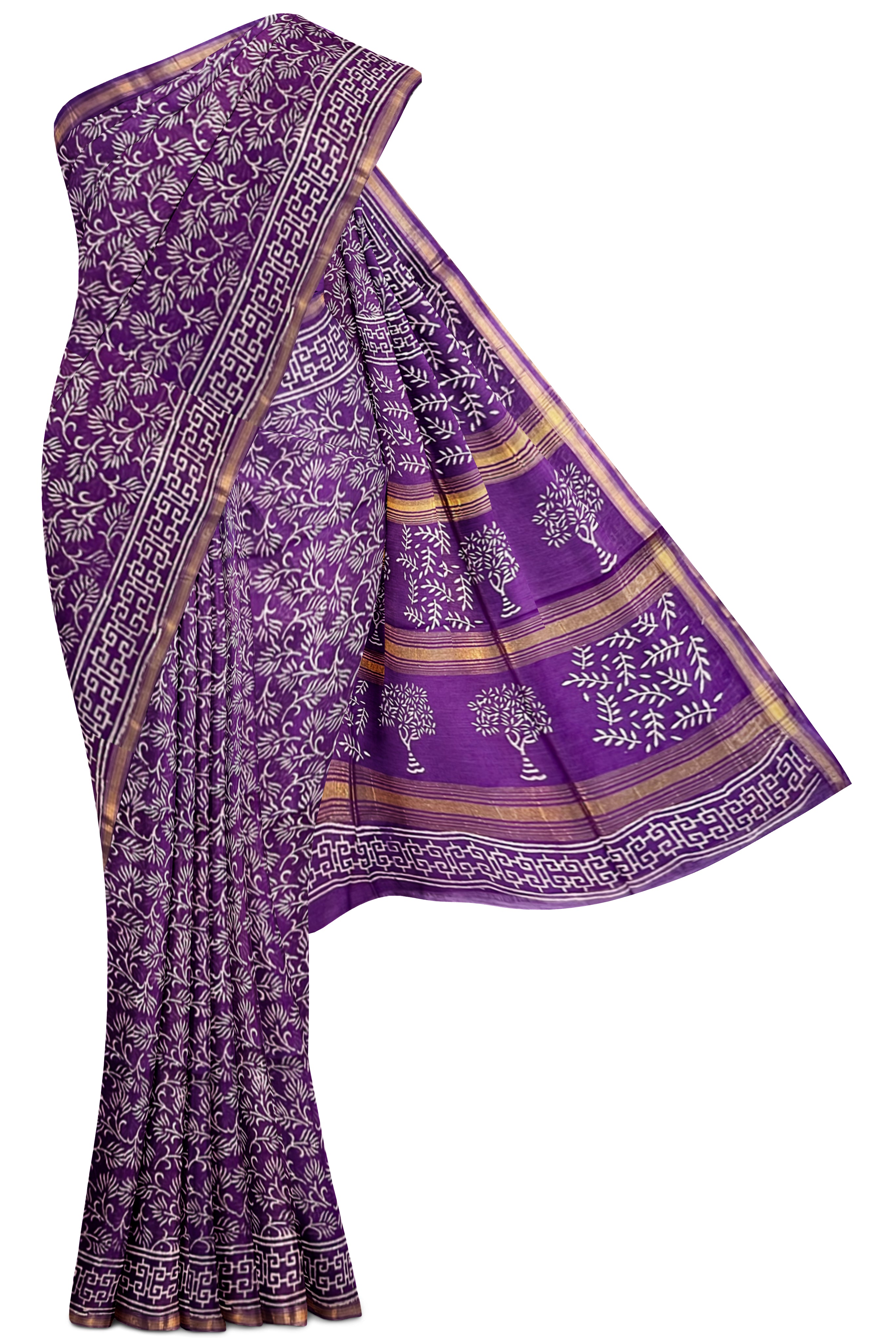 Dark Plum Chanderi Silk Cotton Saree With Ajrakh Print Pattern