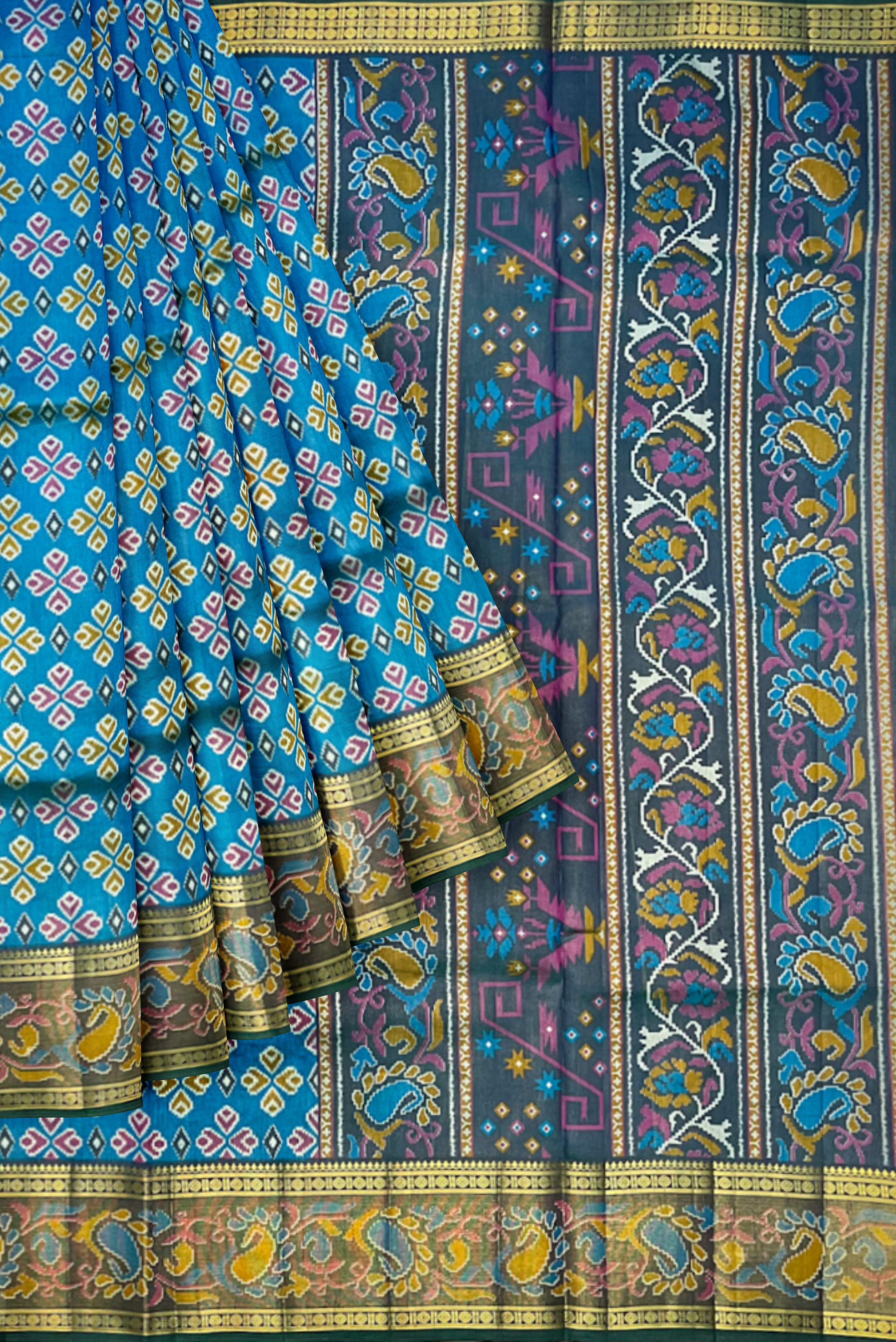 Copper Sulphate Blue Pochampally Saree With Patola Pattern