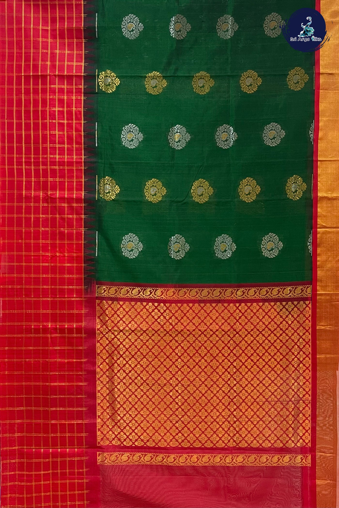 Bottle Green Kuppadam Silk Cotton Saree With Zari Buttas Pattern