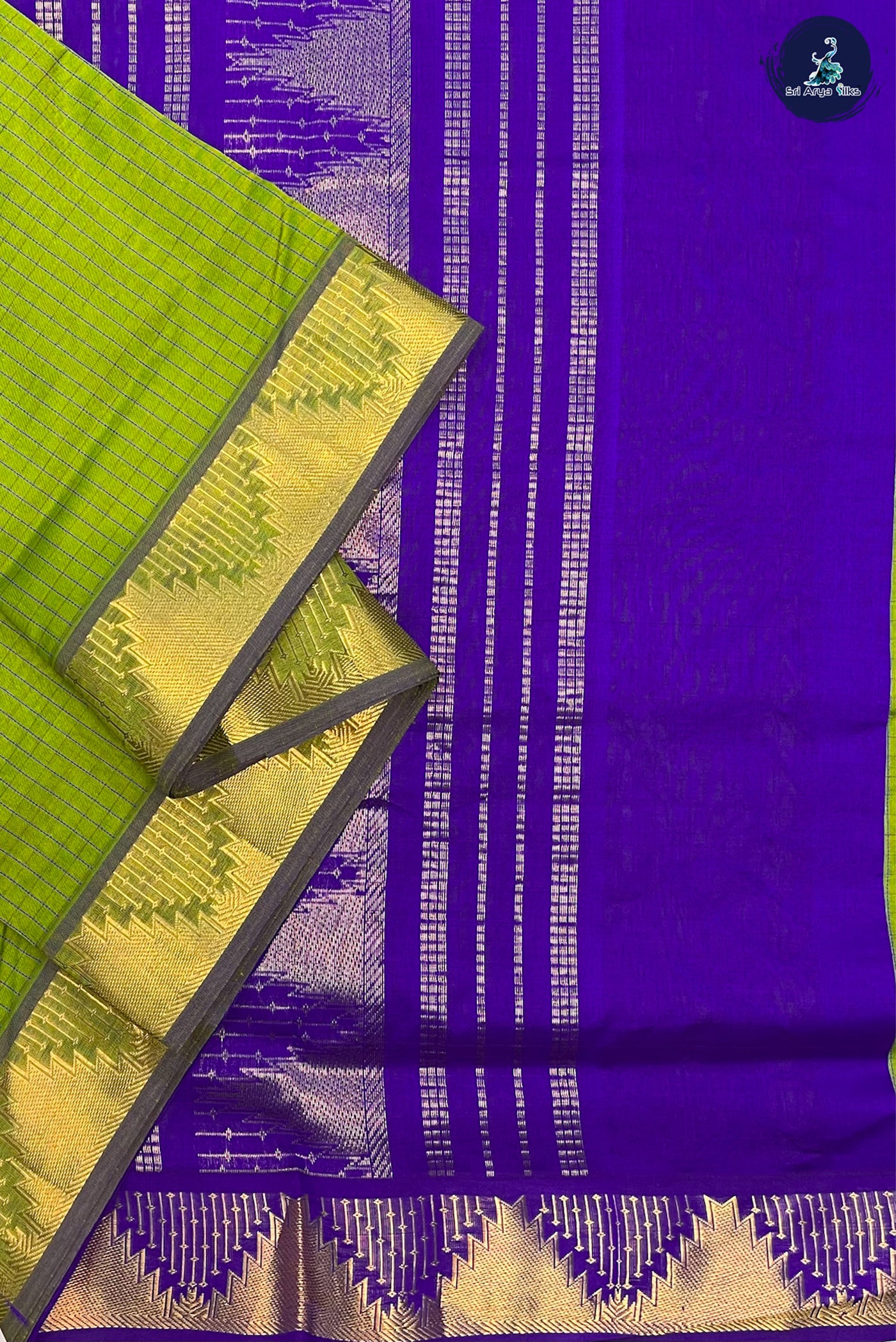 Mehendi Green Madisar Semi Silk Cotton Saree With Checked Pattern