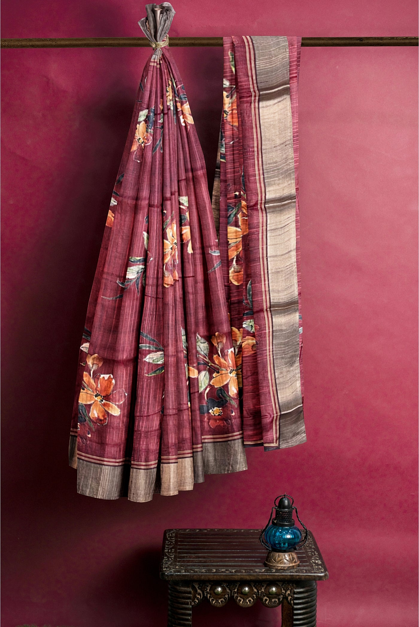 Maroon Office Wear Saree With Floral Pattern