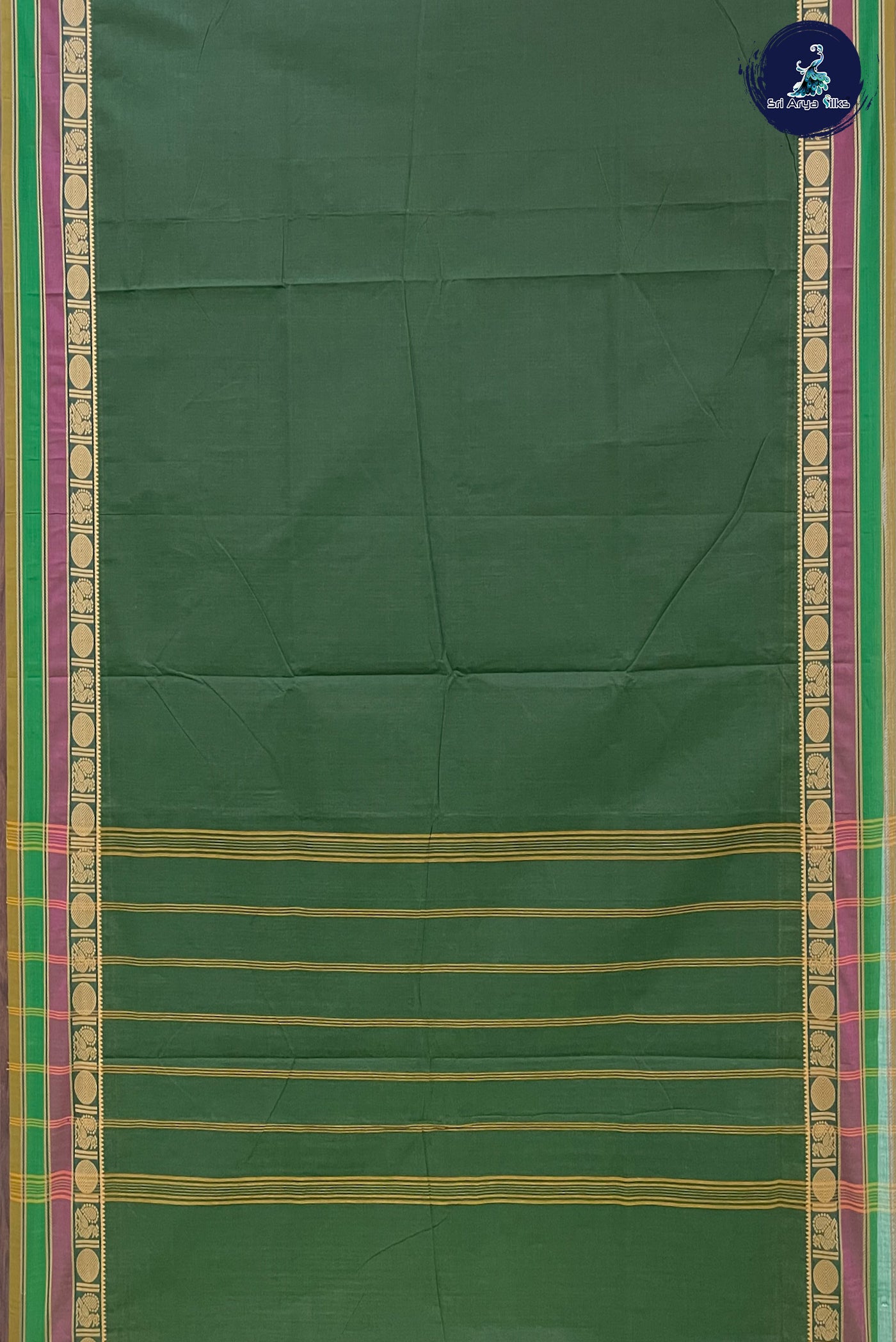 Dark Green Madisar Cotton Saree With Plain Pattern