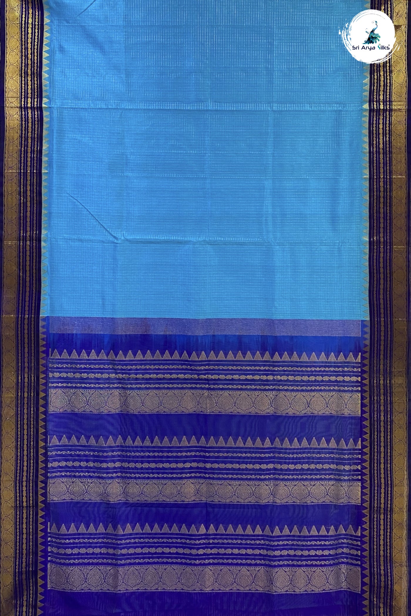 Sky Blue Korvai Silk Cotton Saree With Zari Checked Pattern