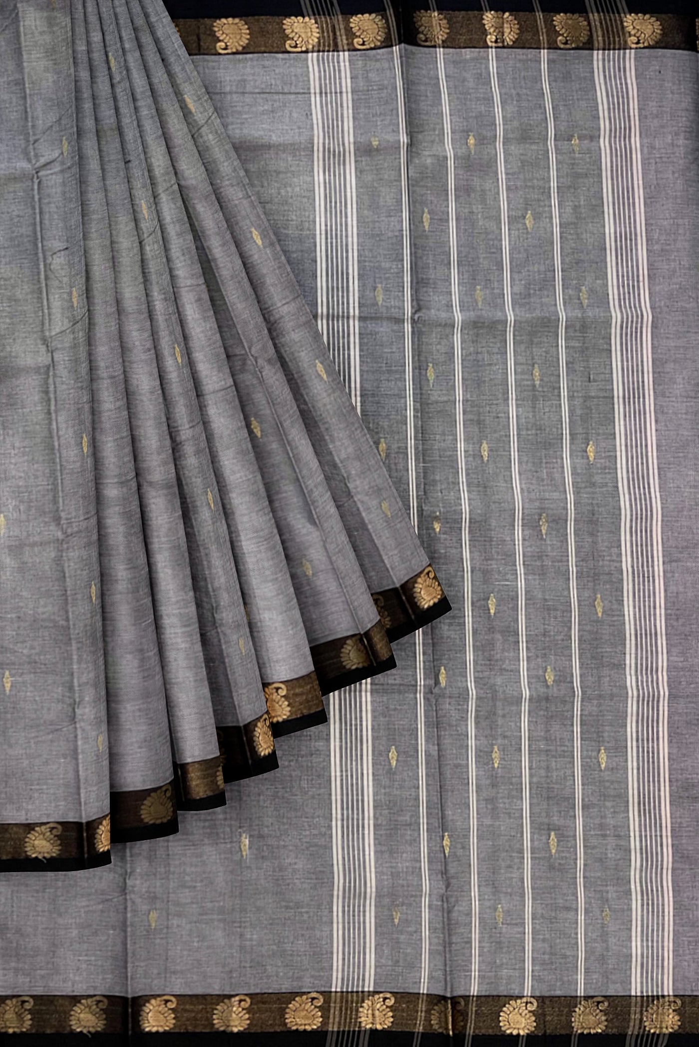 Grey Cotton Saree With Zari Buttas Pattern