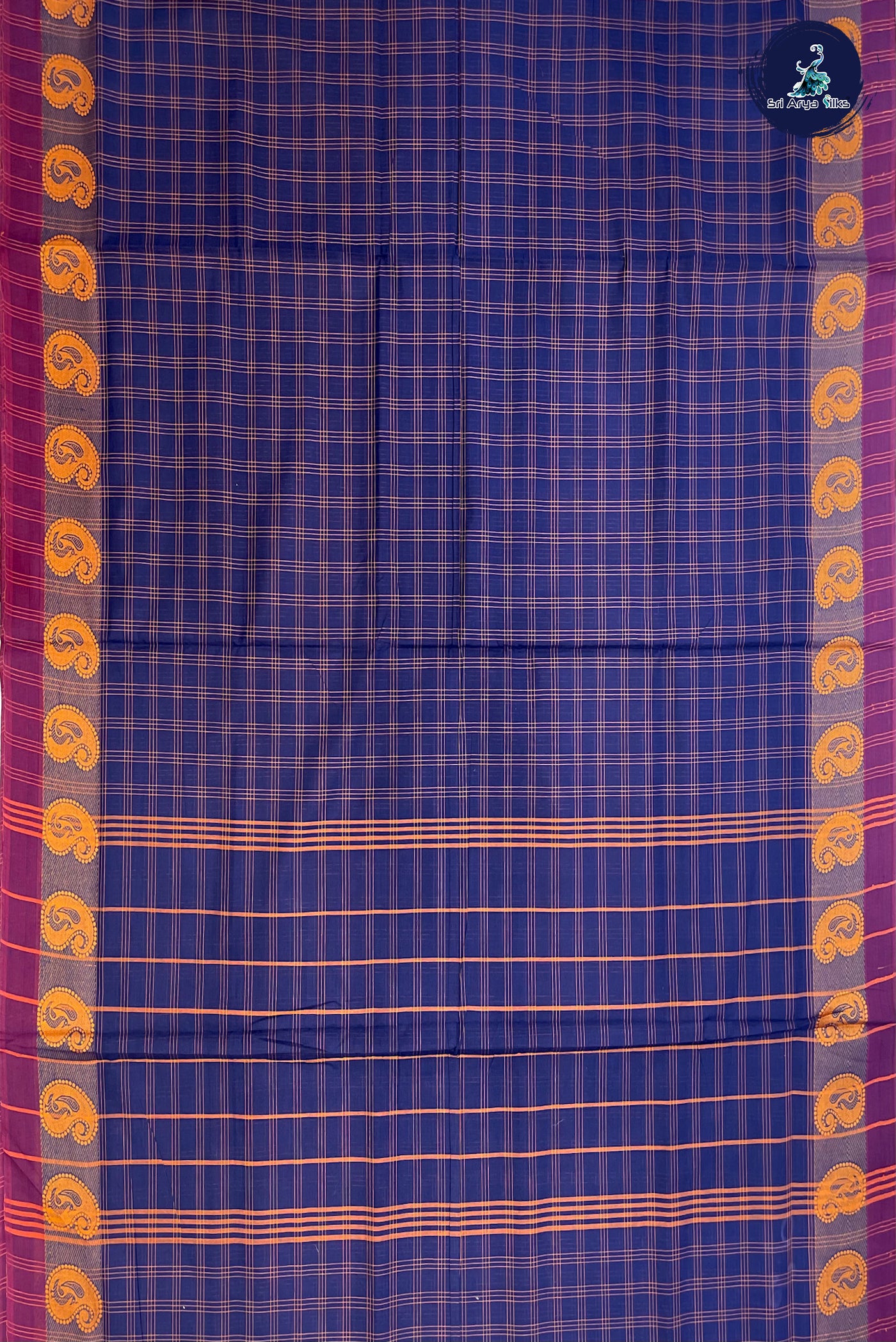 Dark Blue Madisar Cotton Saree With Checked Pattern