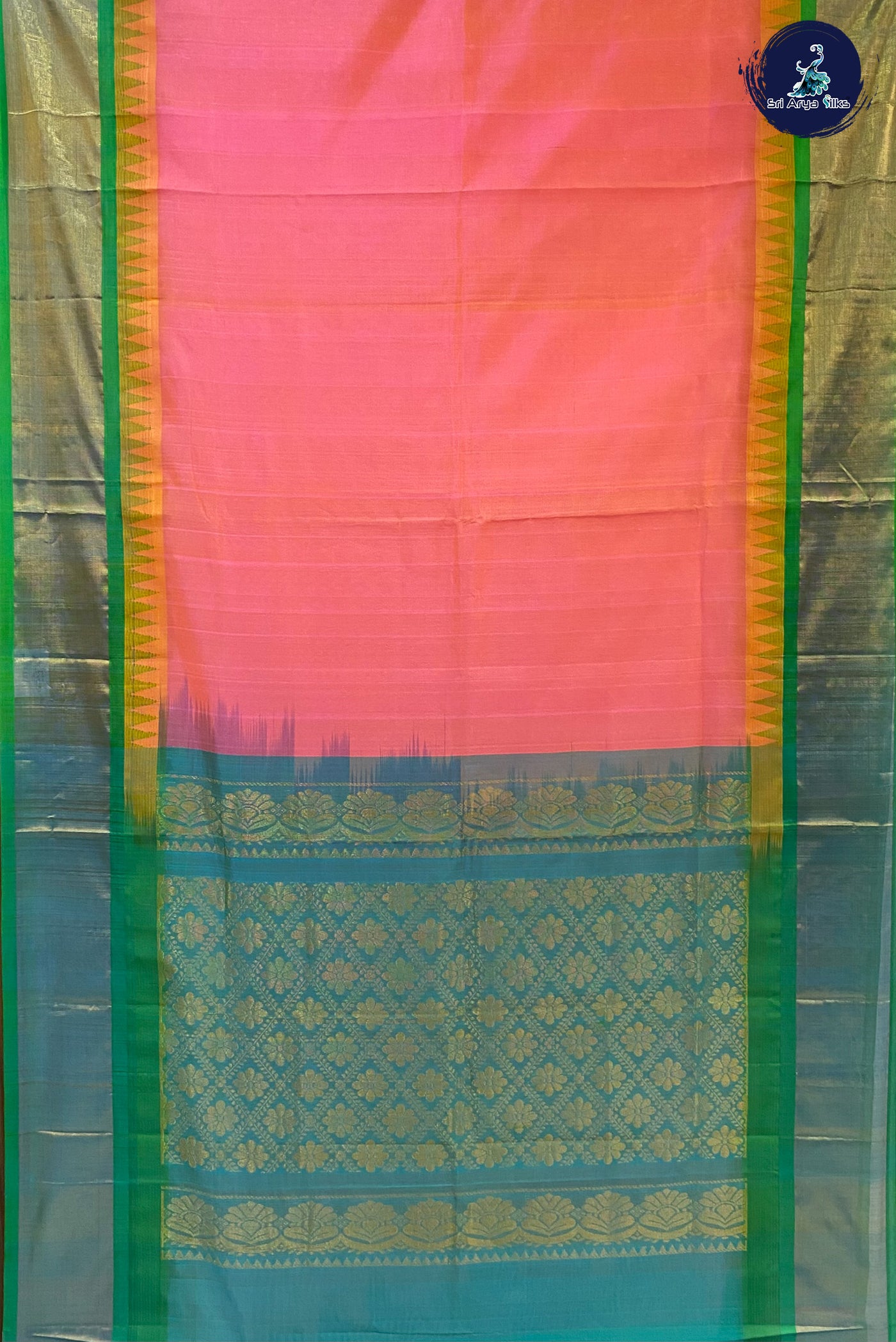 Peach Pink Korvai Silk Cotton Saree With Plain Pattern
