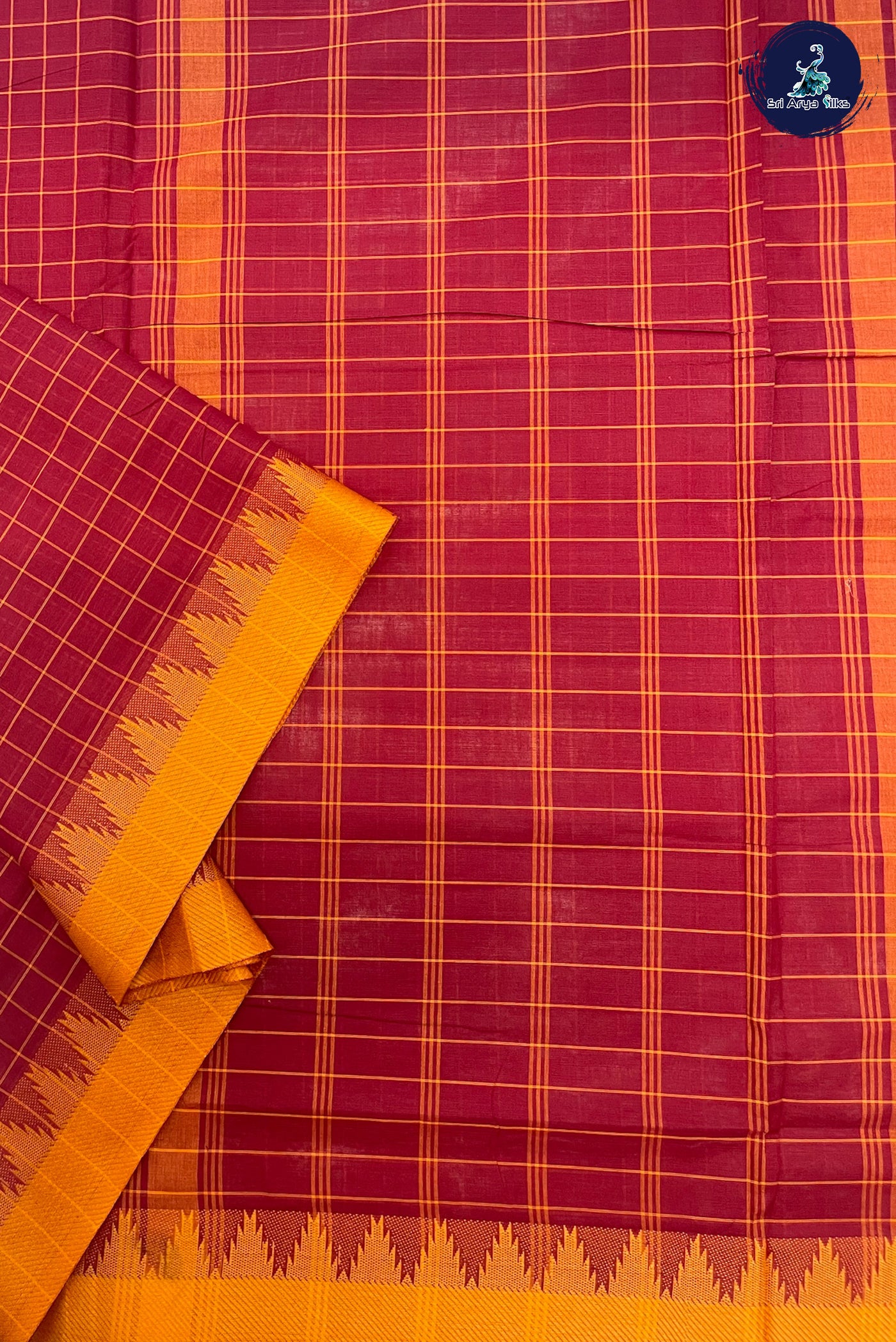 Red Madisar Cotton Saree With Checked Pattern